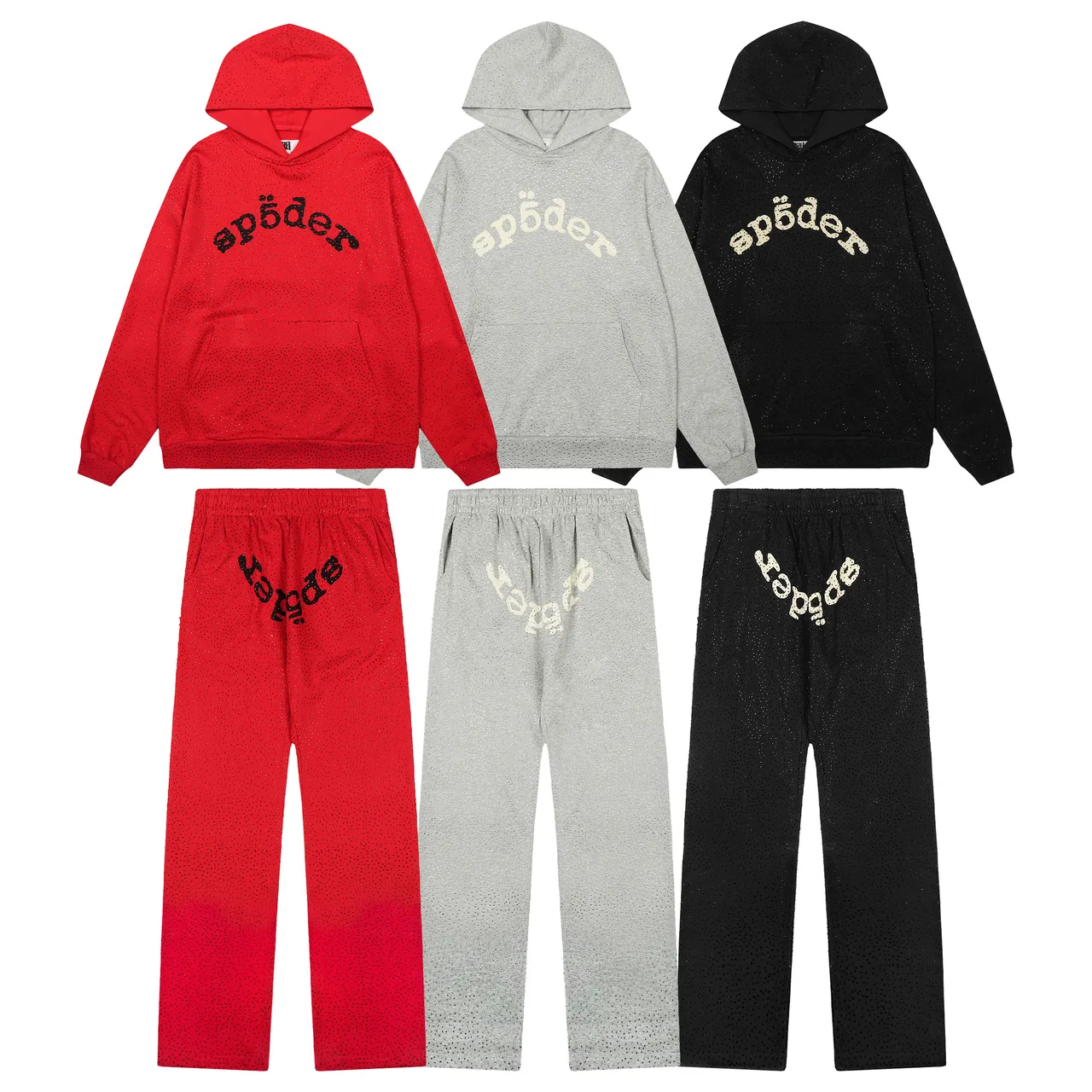 Sp5der Red Perforated Fabric Texture Arched Embroidered Logo Tracksuit