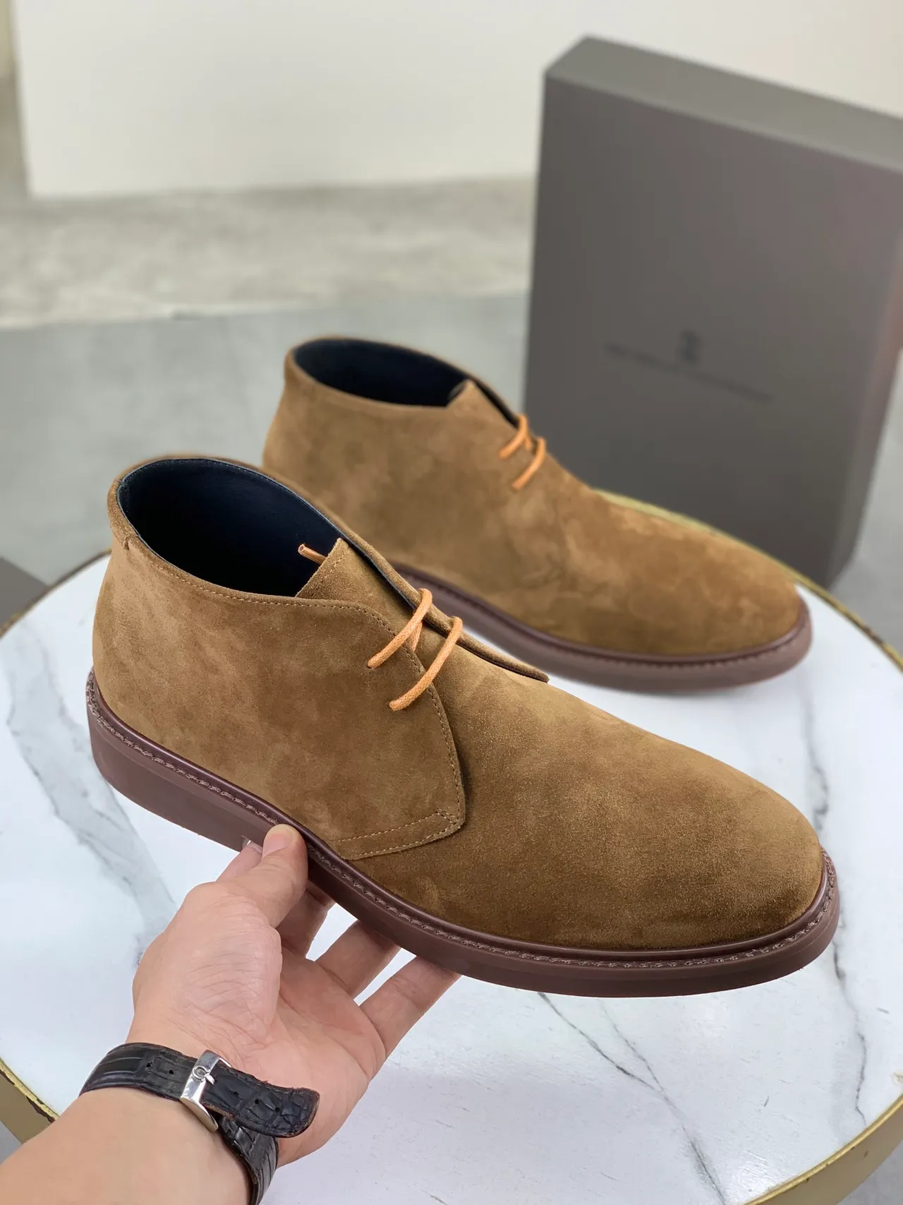 Brown Beige Suede Chukka Boot Welted Construction Ankle Boots