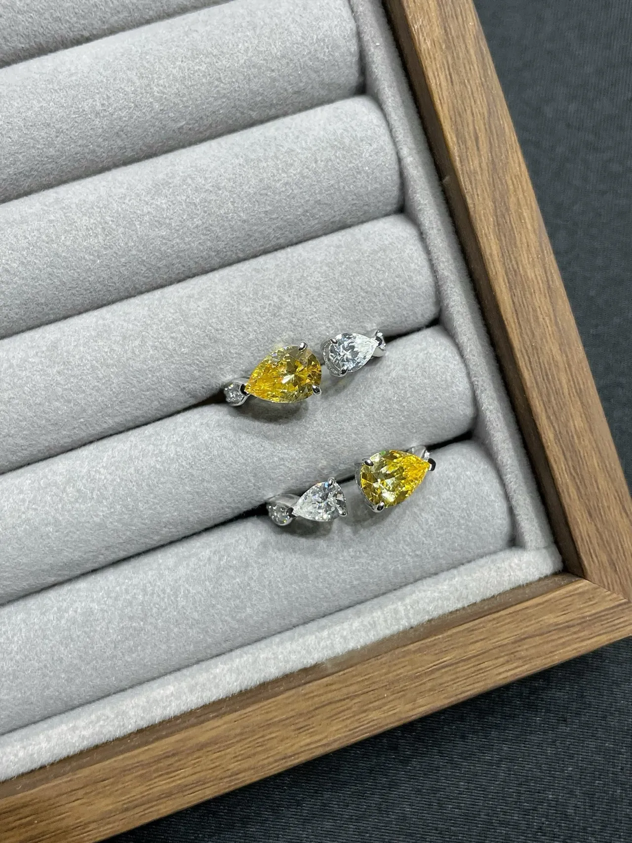 Yellow and Clear Pear-Cut Dual-Stone Asymmetrical Rings