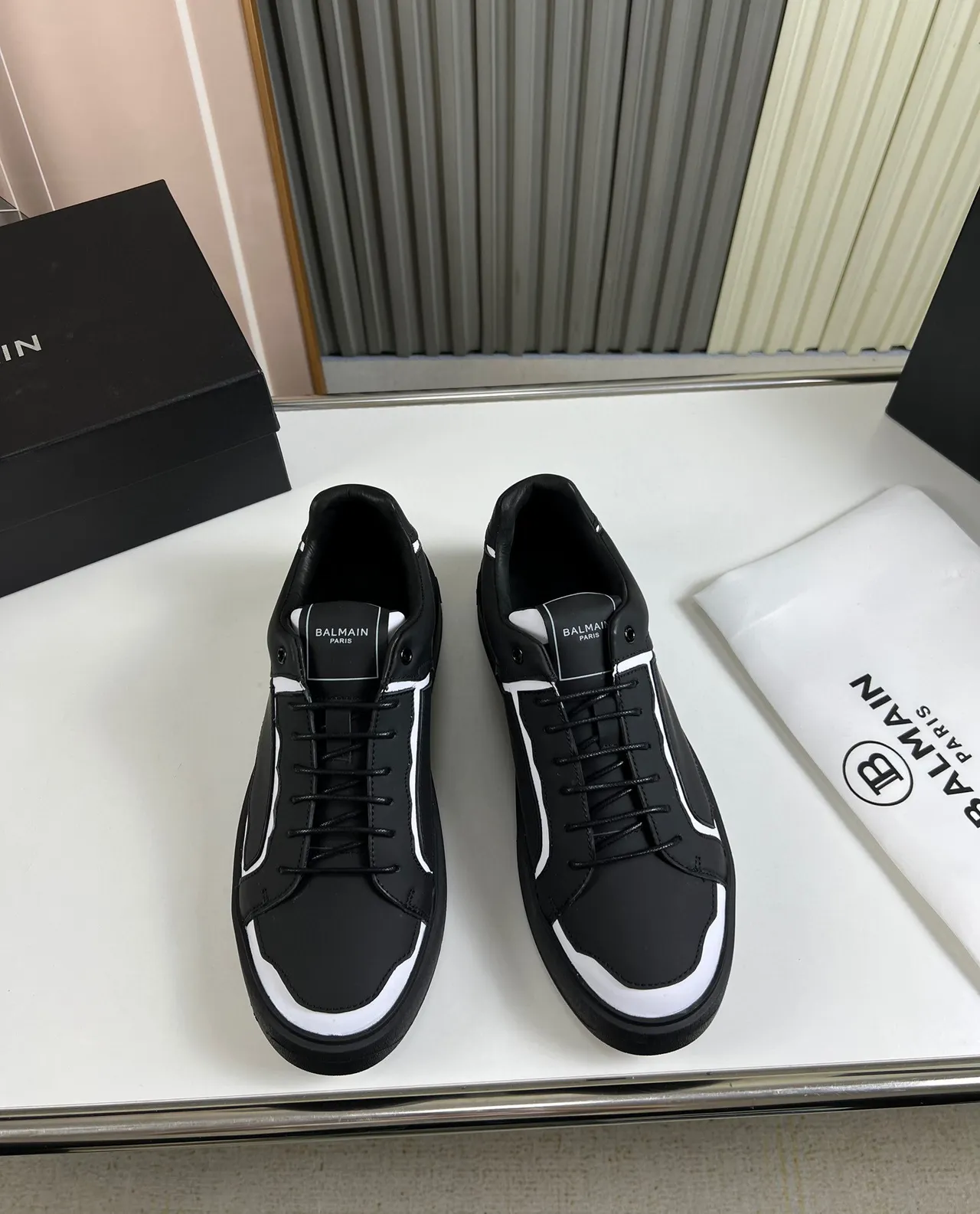 Balmain Black White Structured Leather Upper Asymmetrical Wave Paneling Lifestyle Sneakers