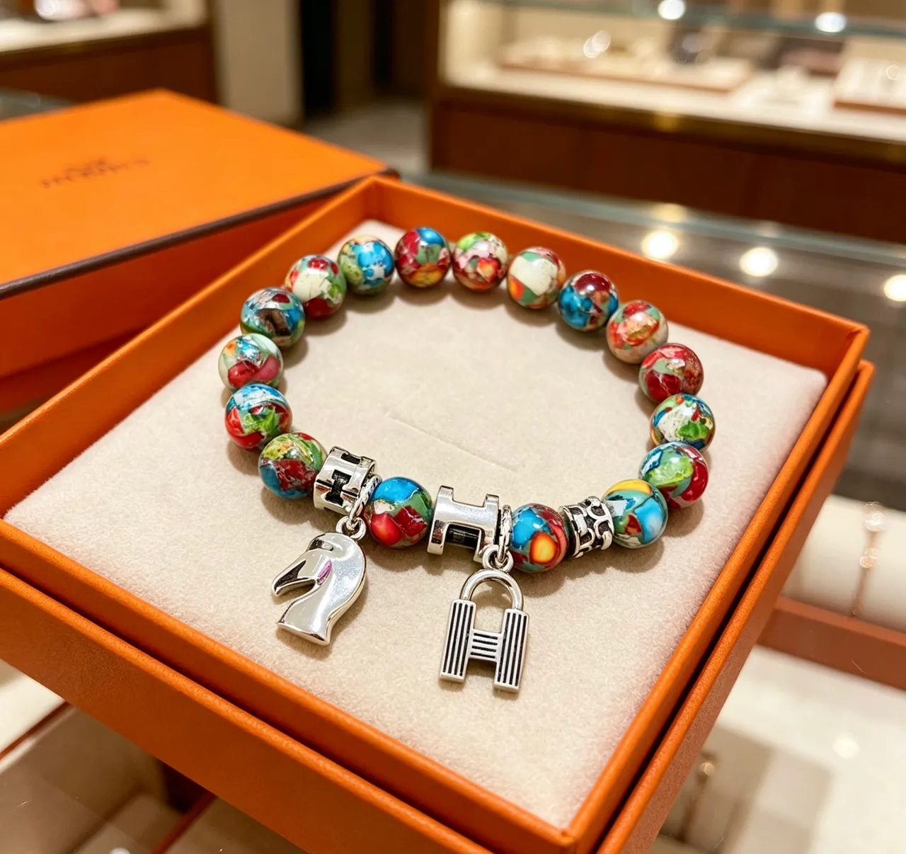 Hermès H Charm Bracelet Multicolor Enamel Bead Bracelet