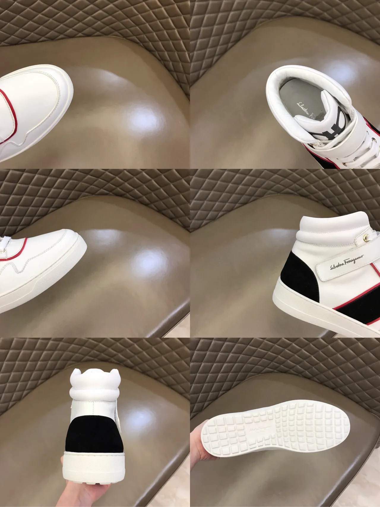 Salvatore Ferragamo Gancini White Red High-Top Ankle Strap Lifestyle Sneakers