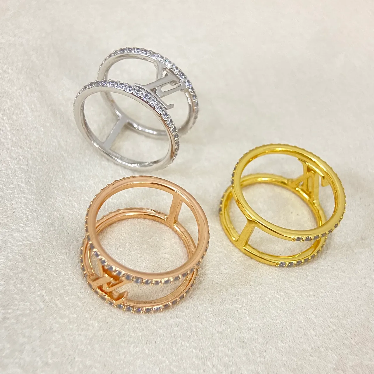 Louis Vuitton Gold Silver Double-Band Pavé Crystal Ring