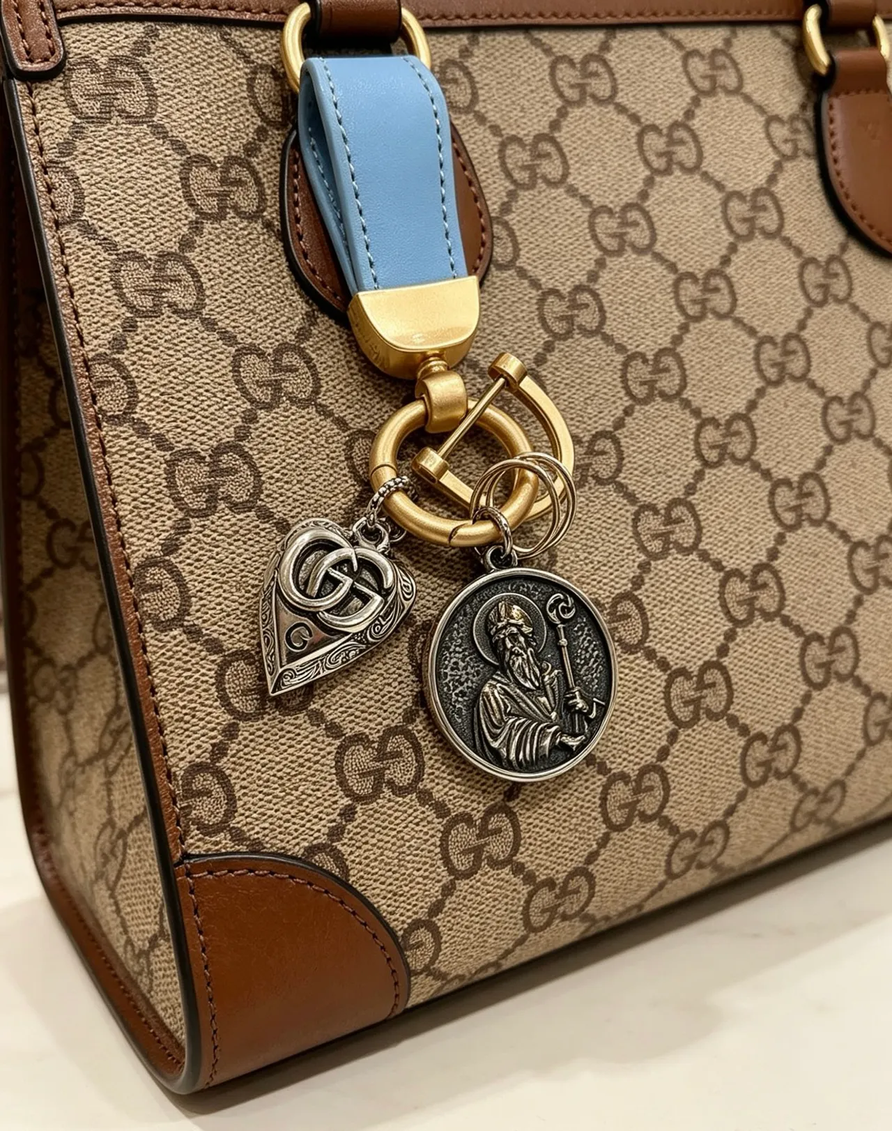 Gucci Beige Brown GG Monogram Canvas Leather Trim Boston Bag