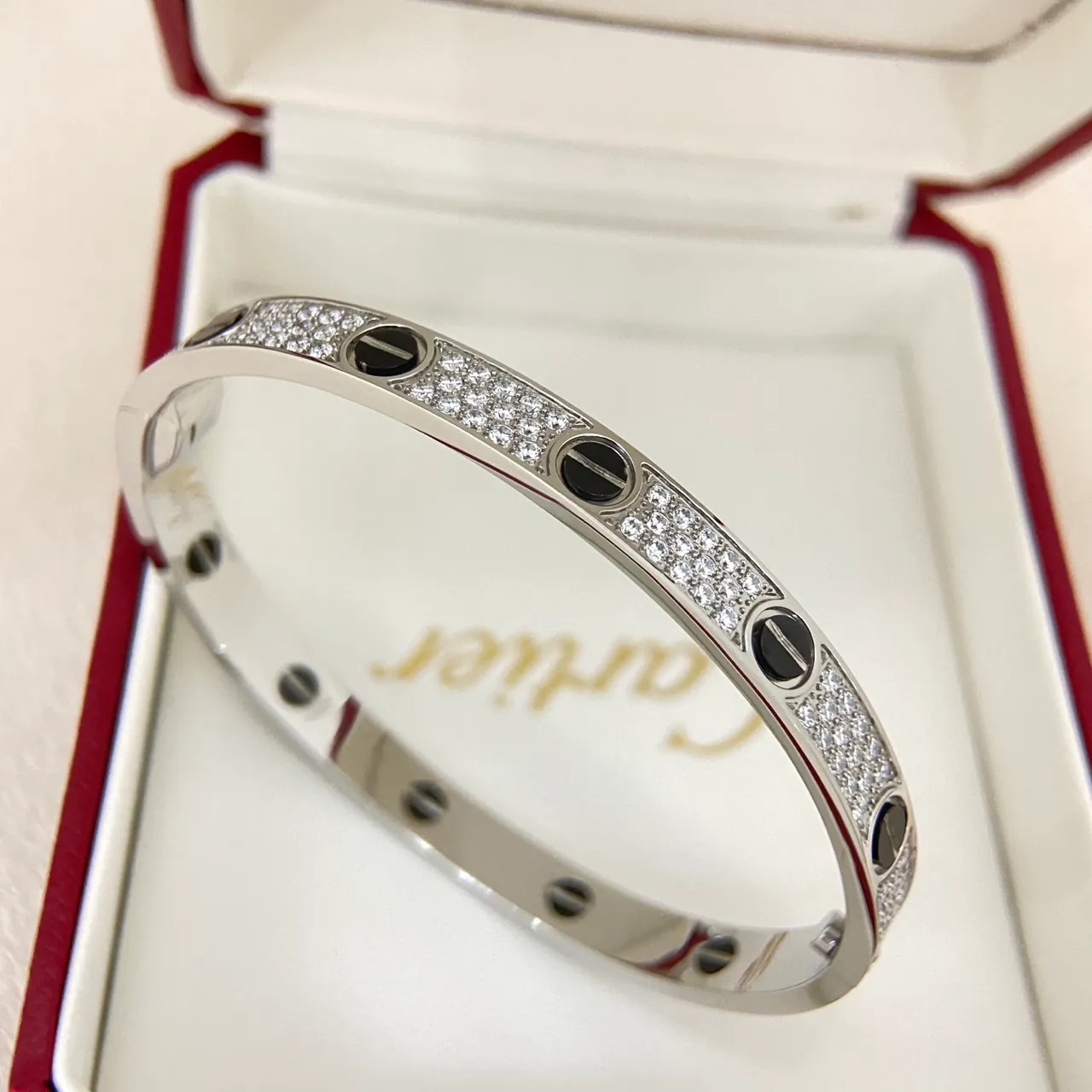 Cartier Love Silver Black Pavé-Diamond Band Onyx Screw Motifs Bracelet