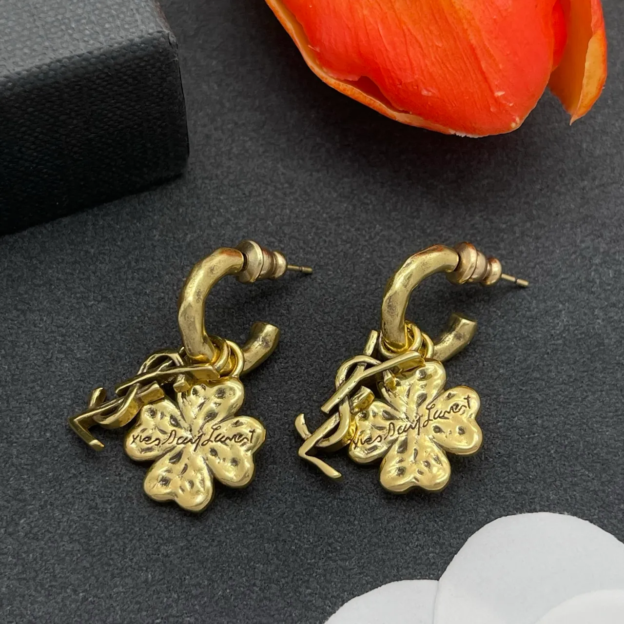 Saint Laurent Monogram Clover Gold-Tone Earrings