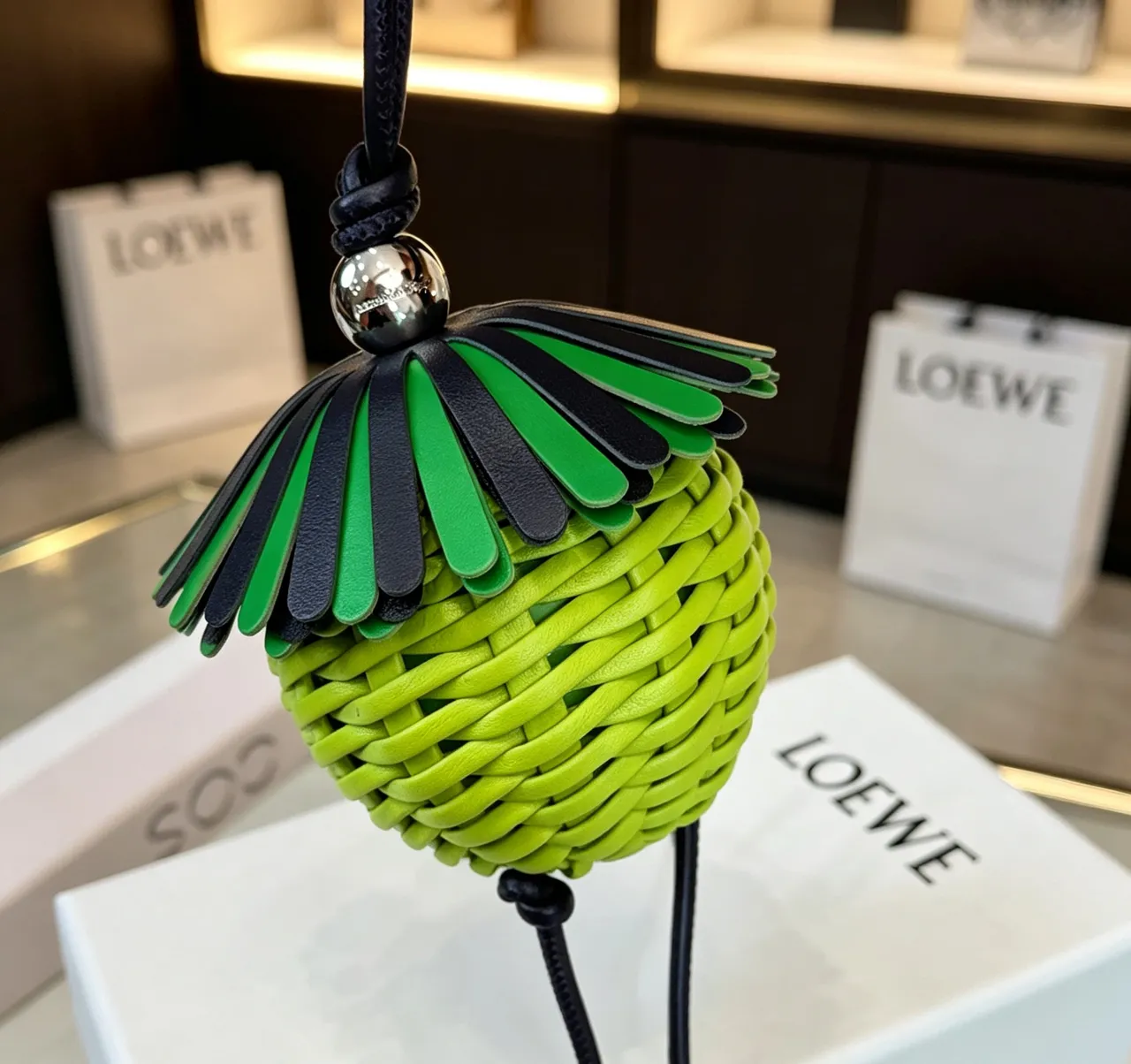 Loewe Green Black Woven Lime Sphere Fringed Cap Handbag