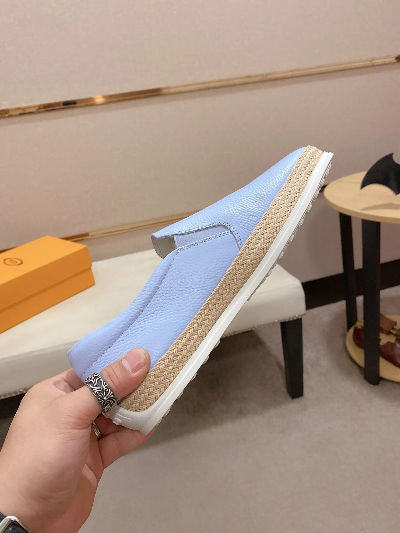 Light Blue Pebbled Leather Slip-On Boat Shoe