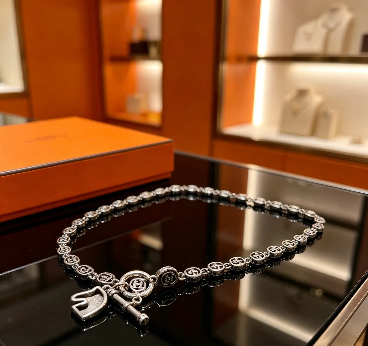 Hermès Silver Black Logo-Link Chain Necklace