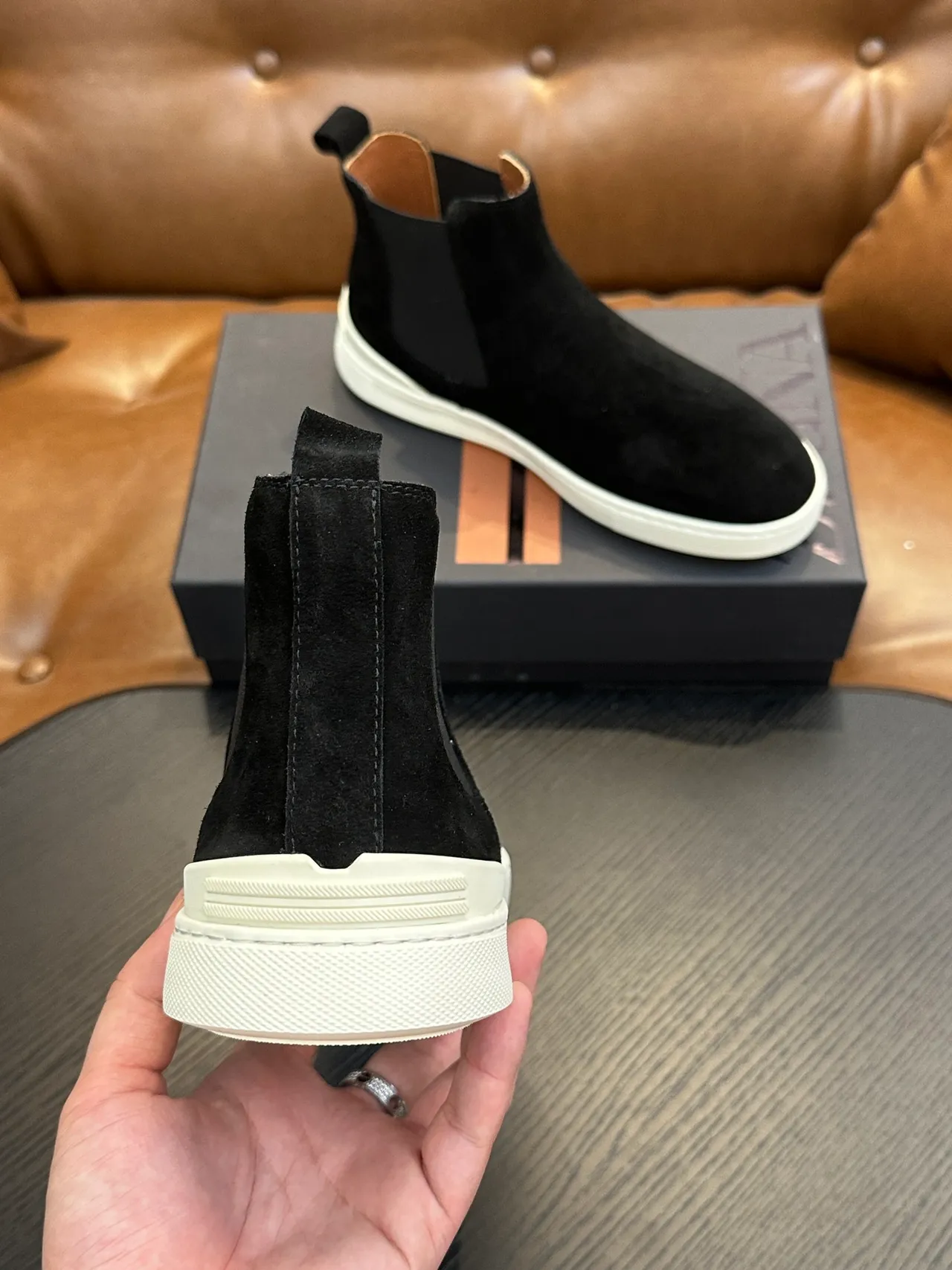 Zegna Black White Suede Upper Elastic Side Gussets Chelsea Boots
