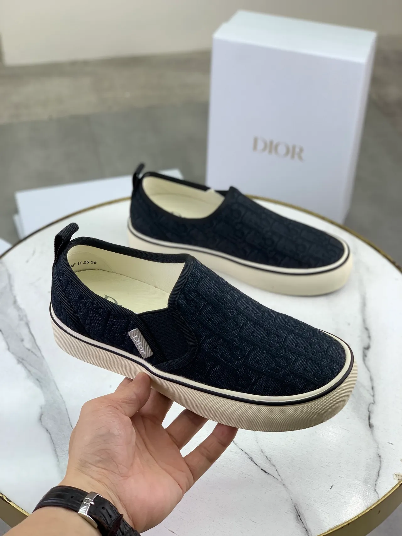 Dior Navy Beige Jacquard Oblique Pattern Slip-On Canvas Shoes