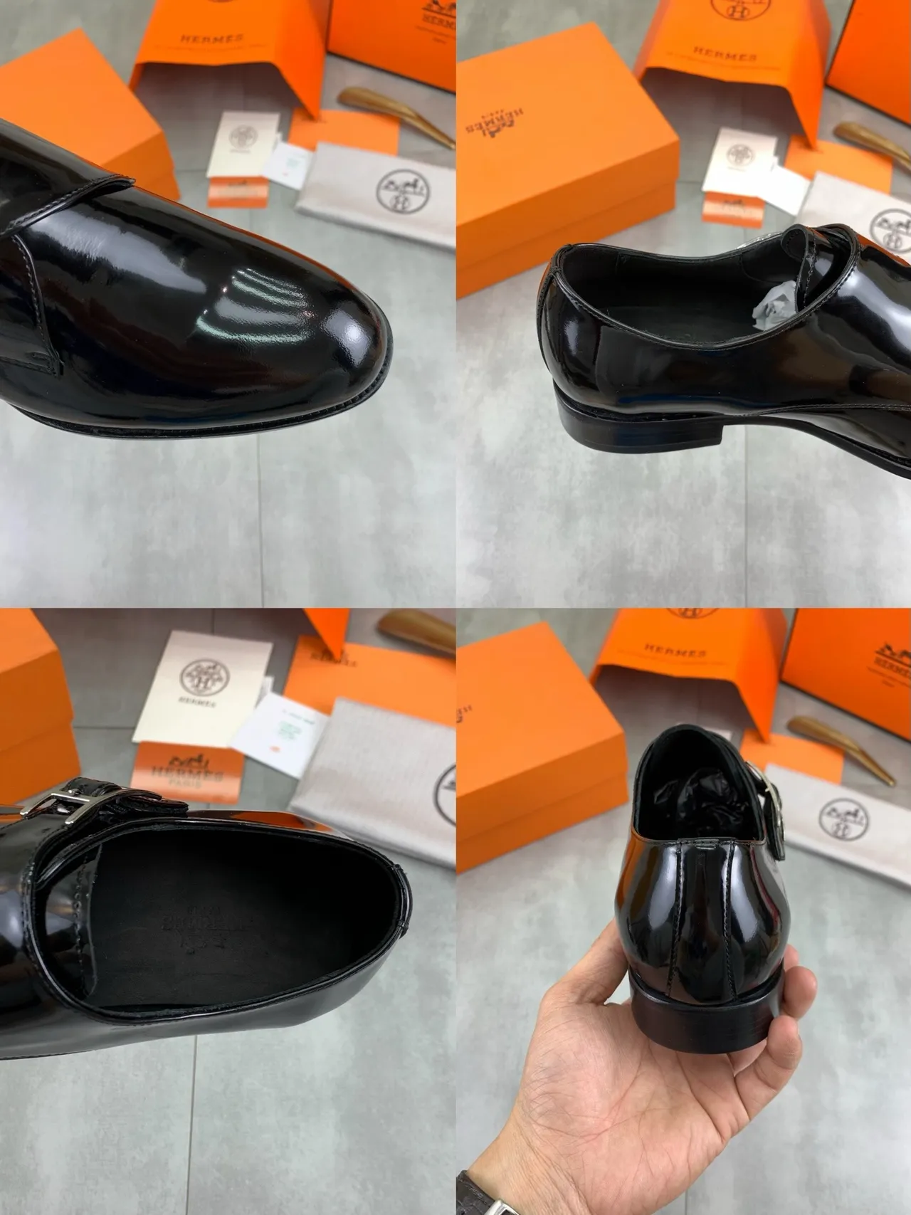Hermès Black Silver Glossy Patent Leather Single Strap Monk Shoes