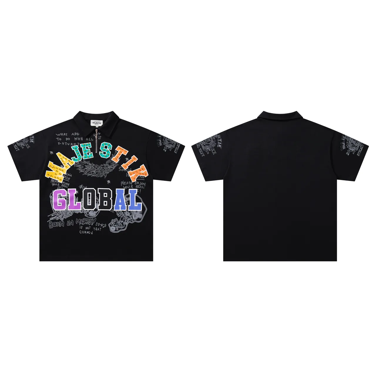 MAJESTIK Graphic-Print Zip-Placket Black Polo Shirt