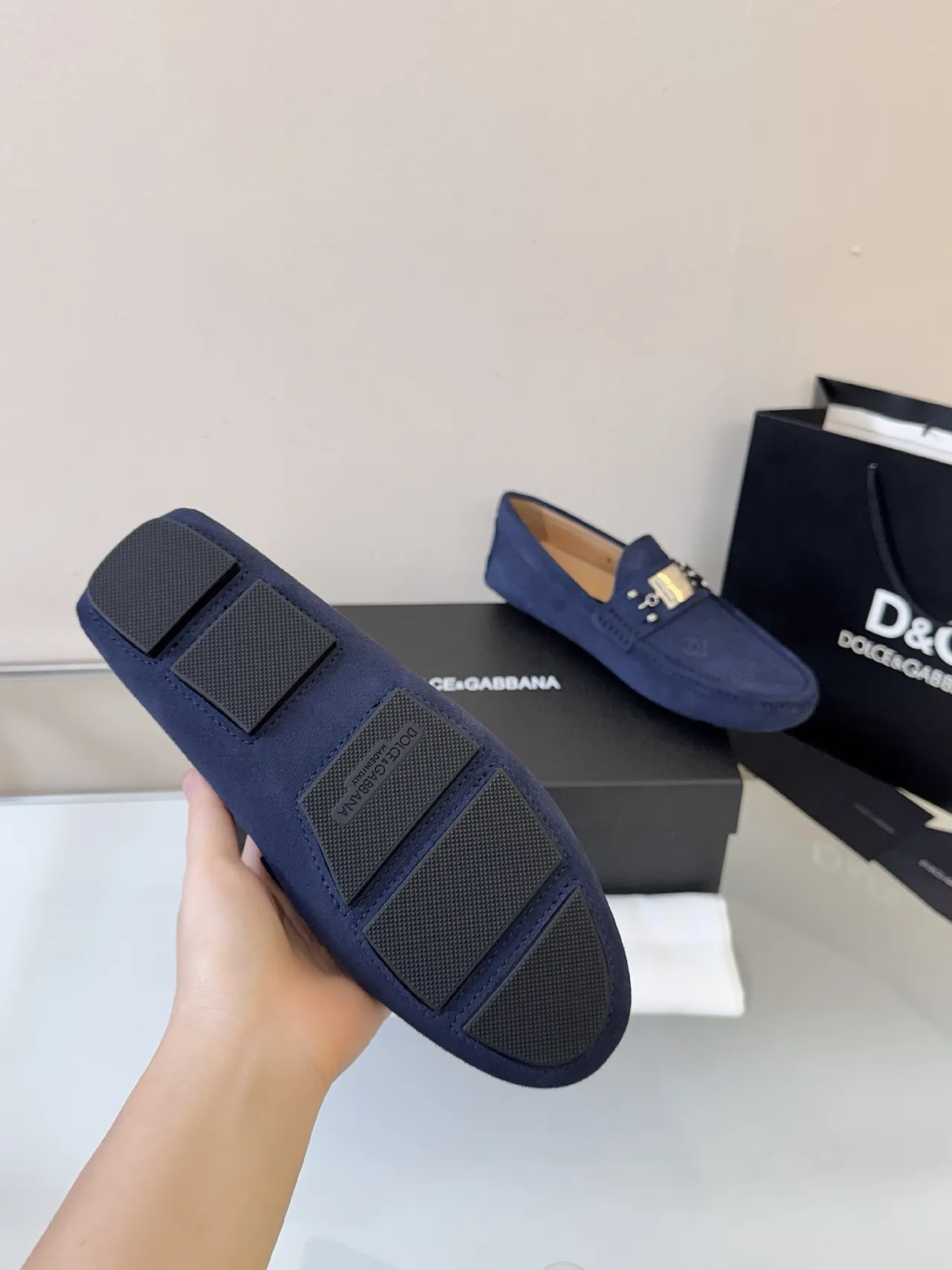 Dolce & Gabbana Portofino Navy Gold Suede Embossed Monogram Loafer