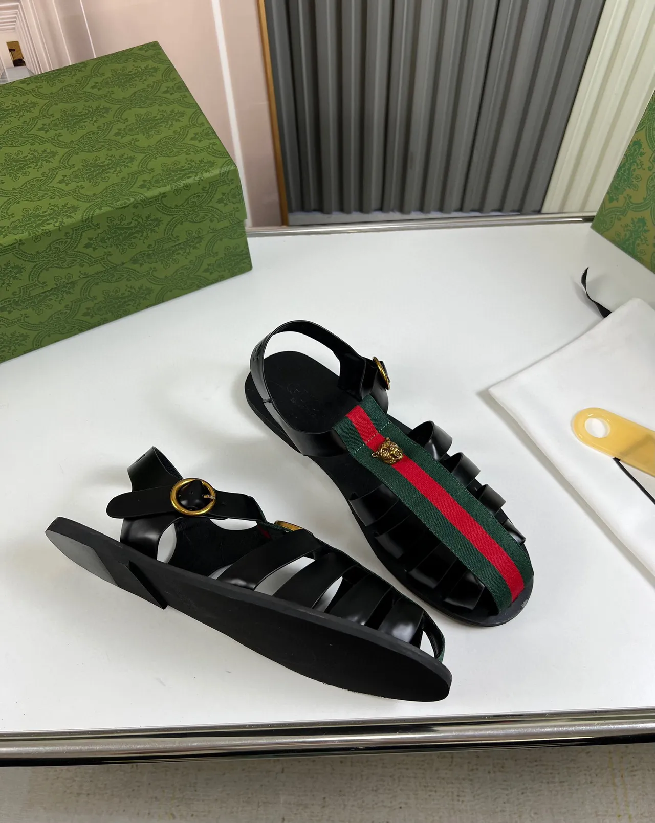 Gucci Dionysus Black Green Ribbed Toe Guard Web Stripe Strap Gladiator Sandals