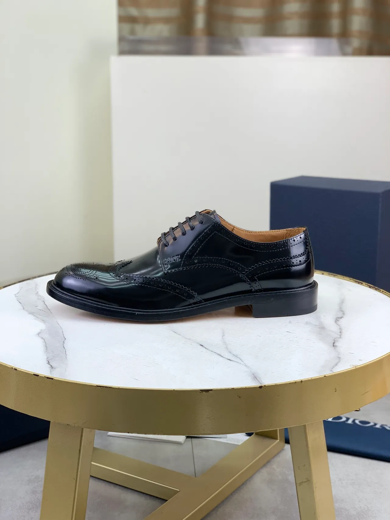 Dior Black Brown Glossy Leather Wingtip Brogue
