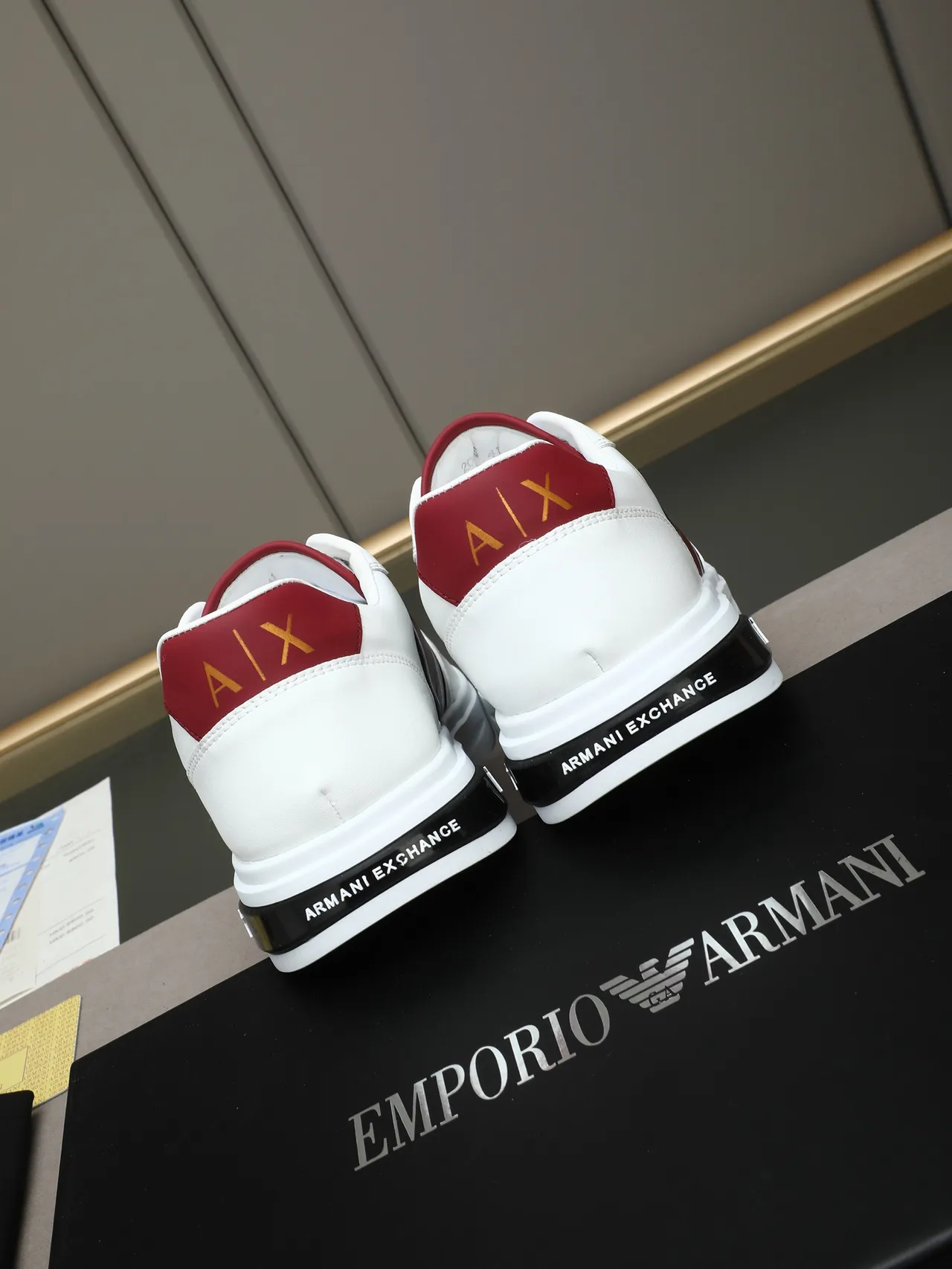 Armani Exchange White Burgundy Leather Upper Black Striped Side Panel Sneakers