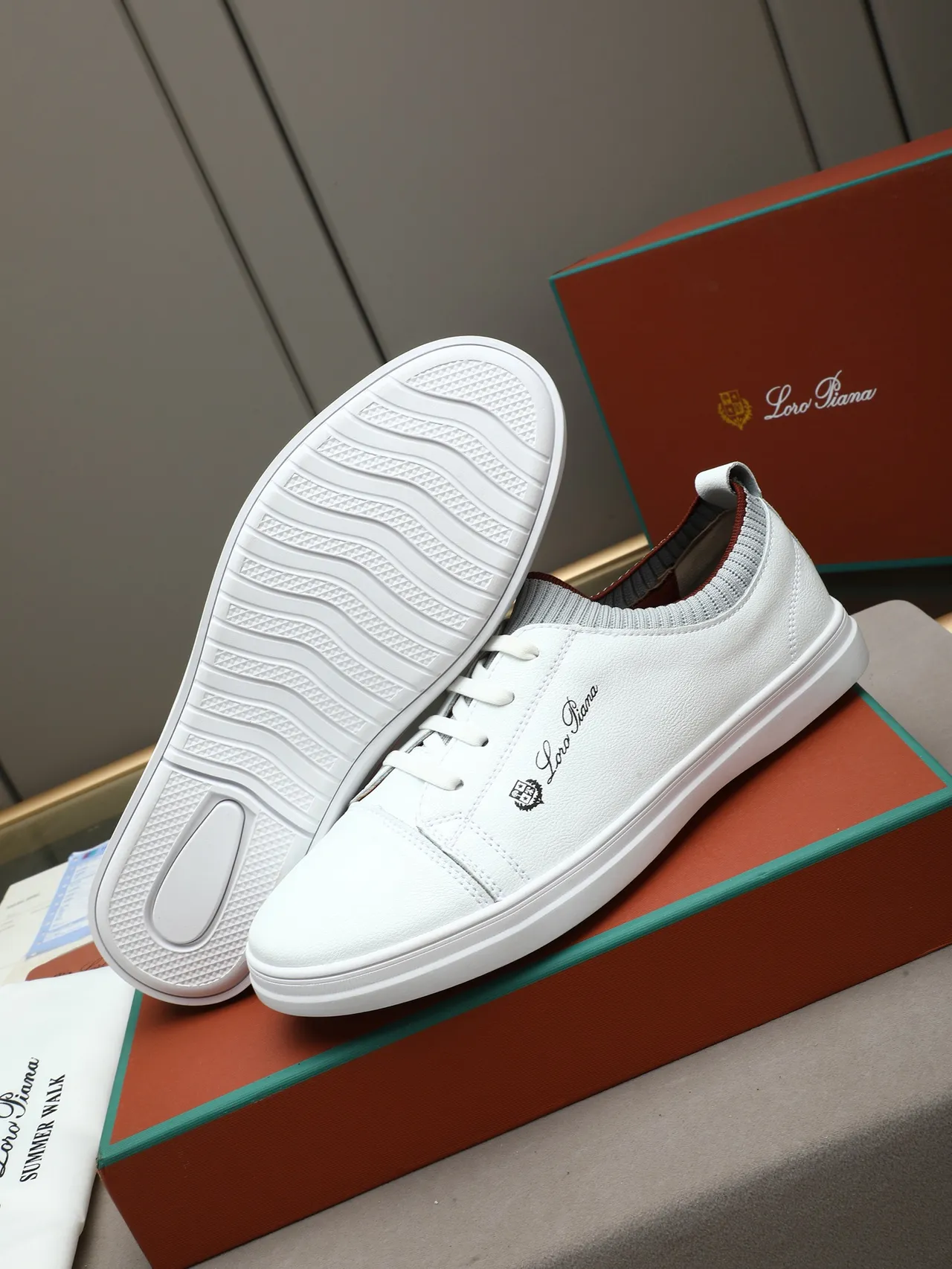 Loro Piana White Leather Knit-Collar Lifestyle Sneaker