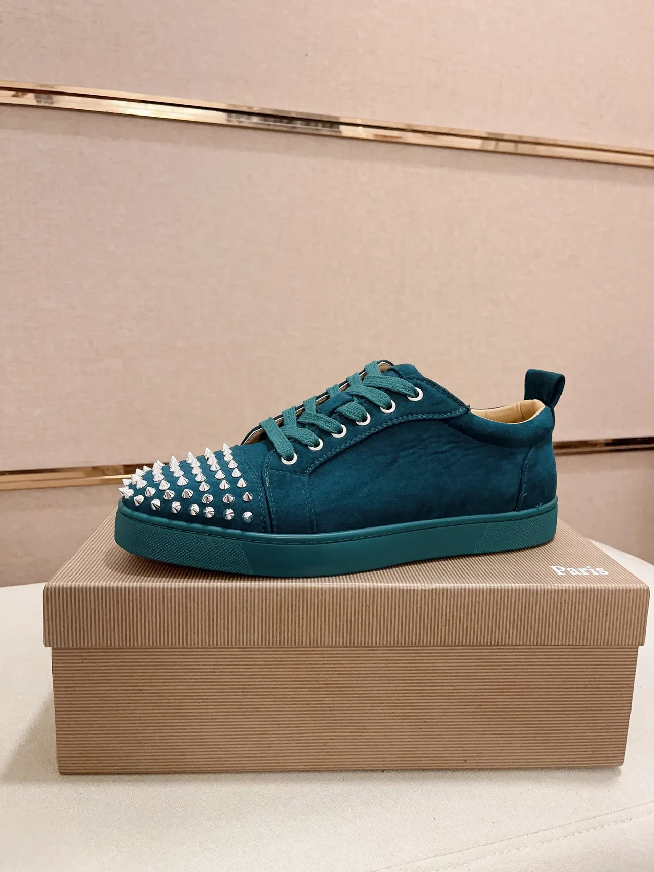 Christian Louboutin Spiked Toe Sneaker Blue Silver Teal Suede Cap Lifestyle Sneakers