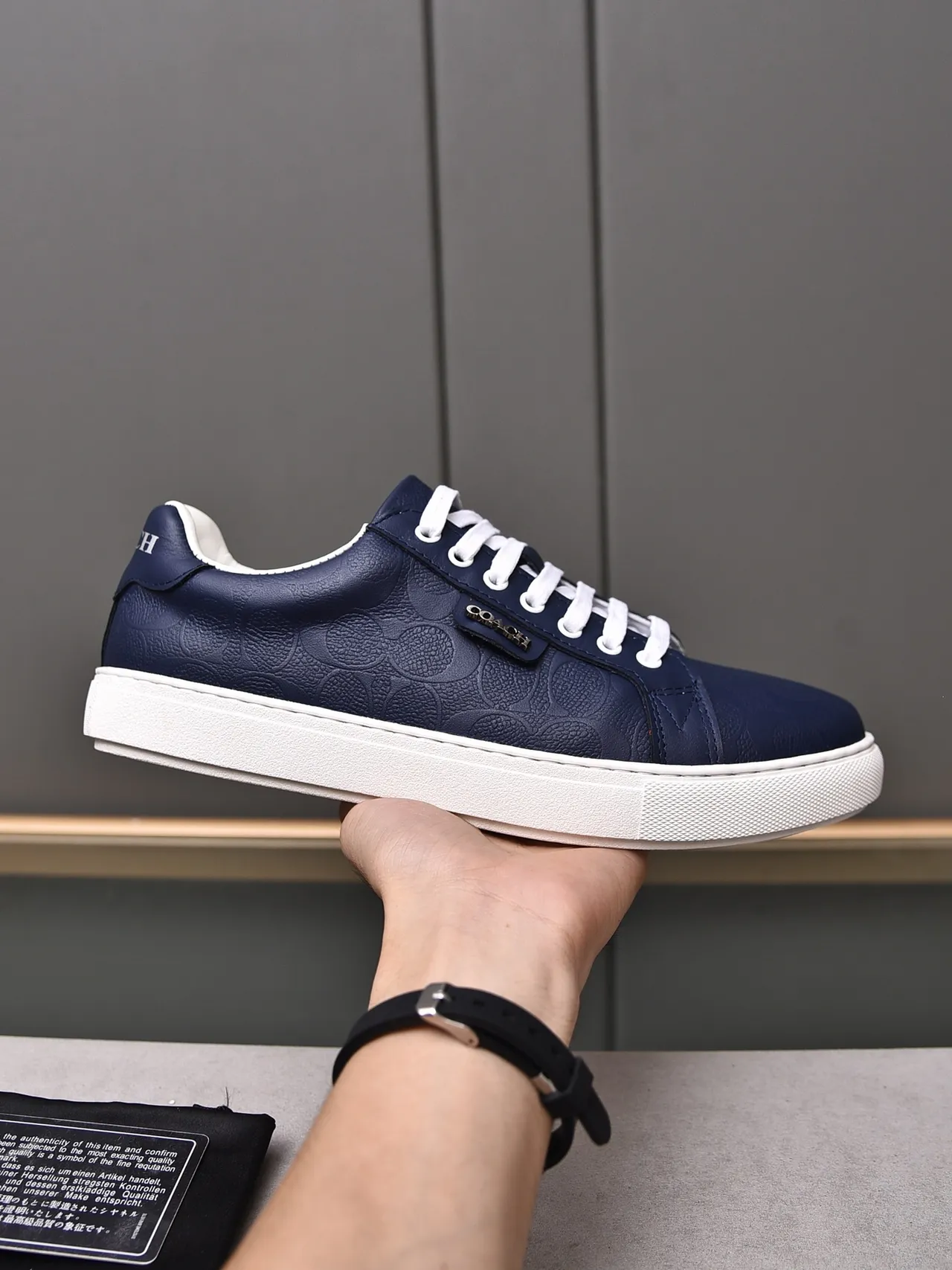 Coach Navy Embossed Signature Leather Low-Top Sneakers
