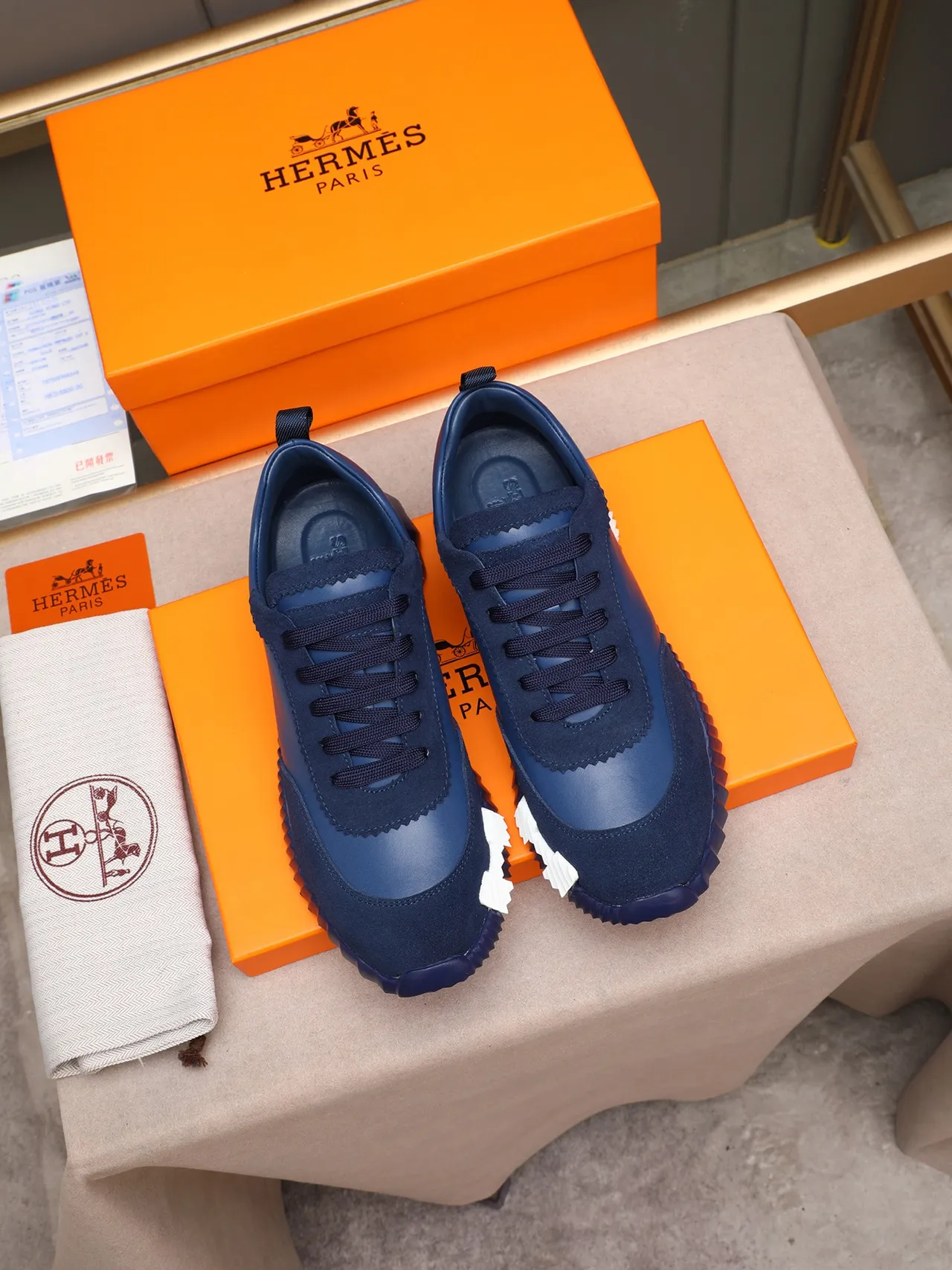 Hermès H-Ride Navy White Blue Leather-Suede Hybrid Upper Scalloped Collar Detail Lifestyle Sneakers