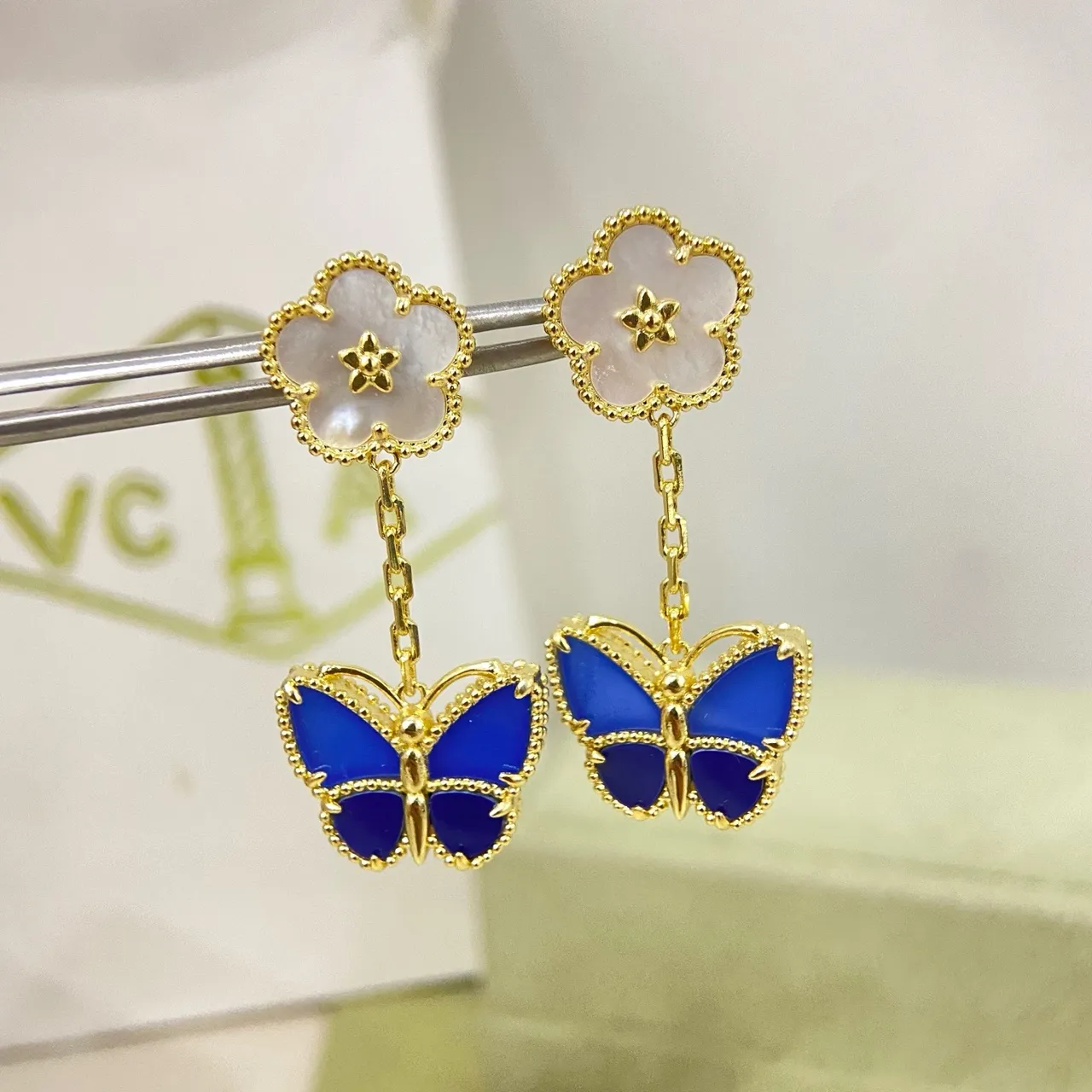 Gold Blue Beaded Edge Quatrefoil Floral Stud Earrings