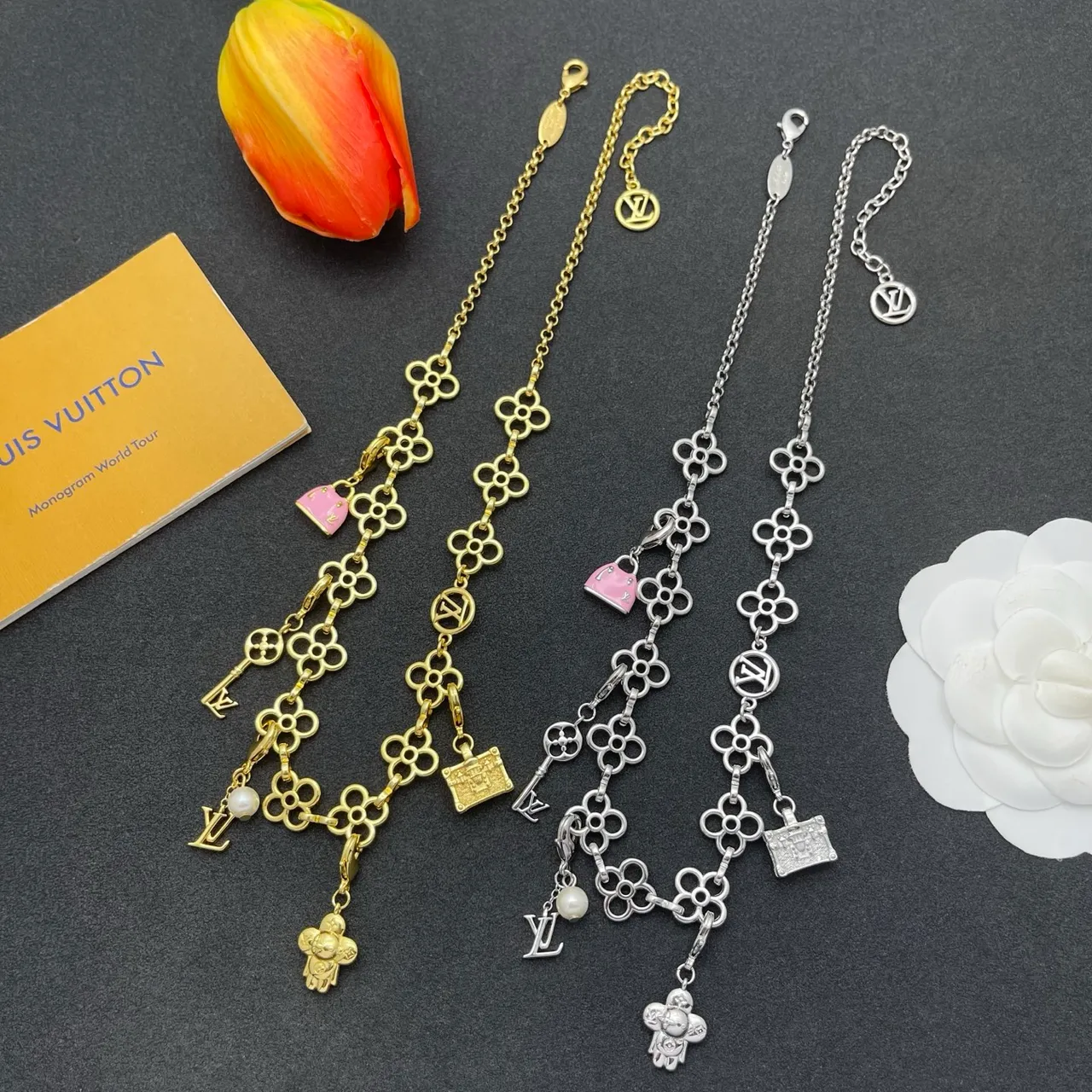 Louis Vuitton Gold Pink Floral-Link Chain Multi-Charm Pendant Design Necklace