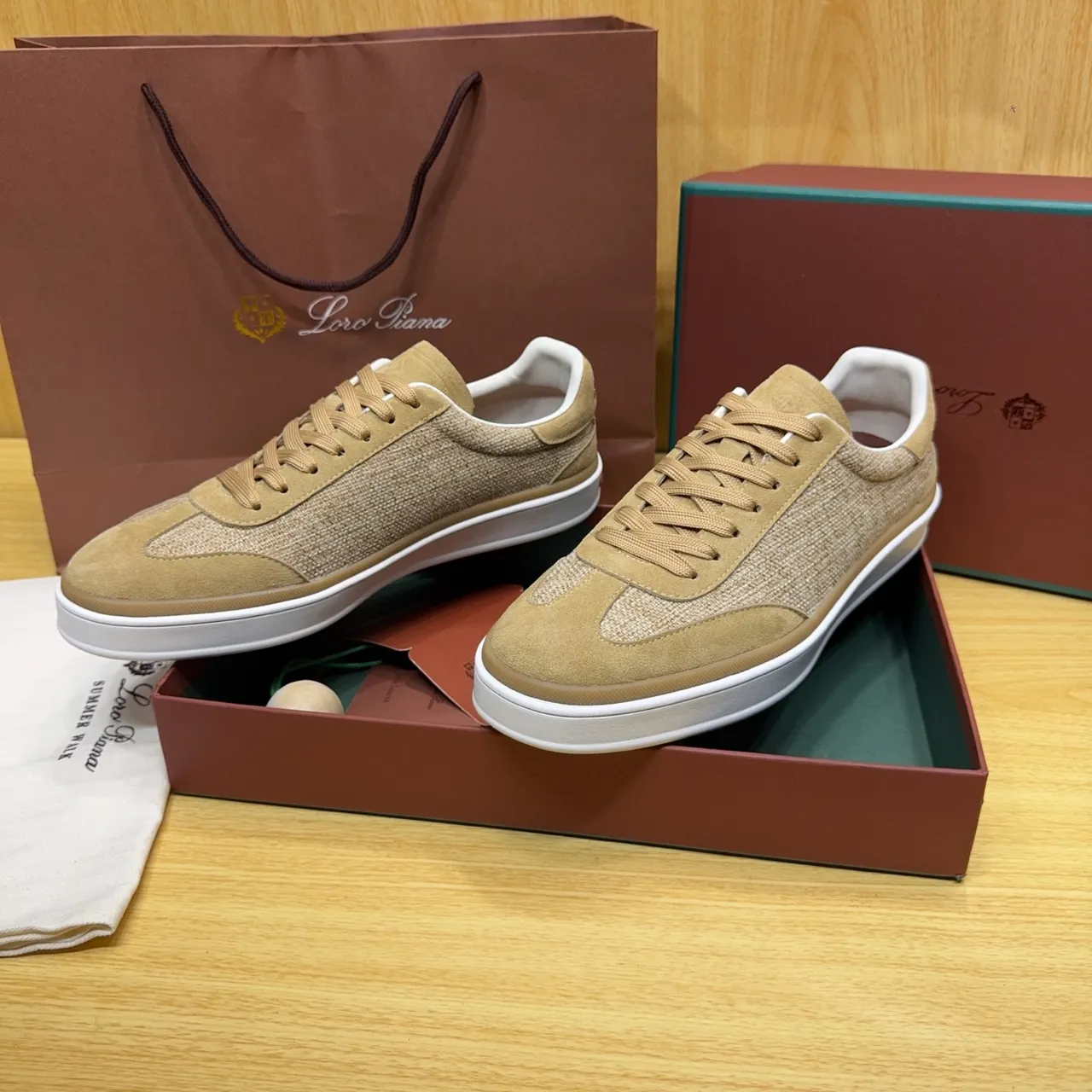 Loro Piana Beige Textile and Suede Lifestyle Sneakers