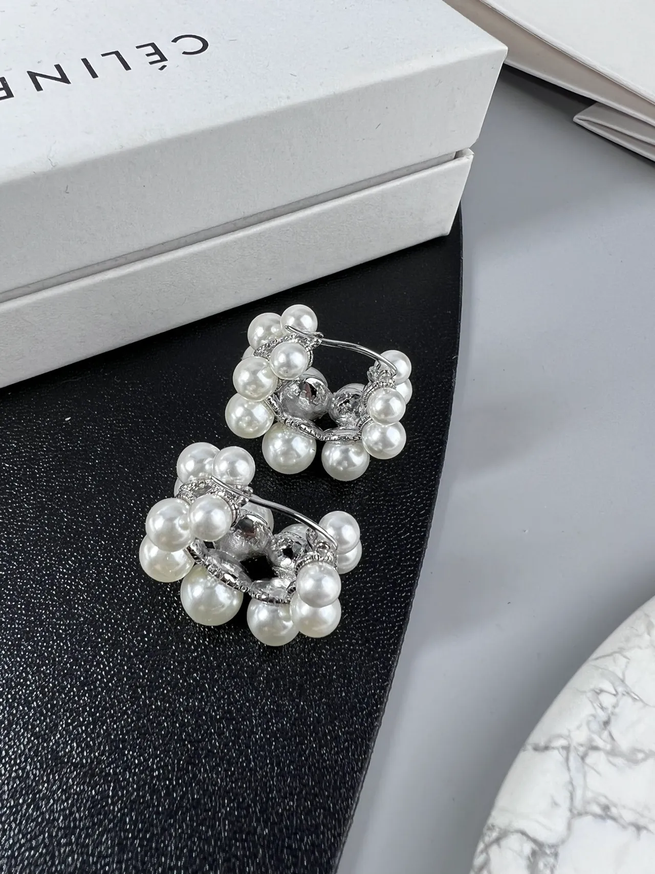 Céline White Silver Pearl Cluster Metal Jewelry