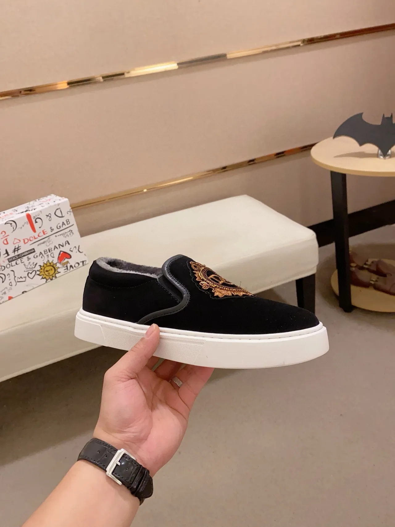 Dolce & Gabbana Portofino Slip-On Black White Velvet Upper Lifestyle Sneakers
