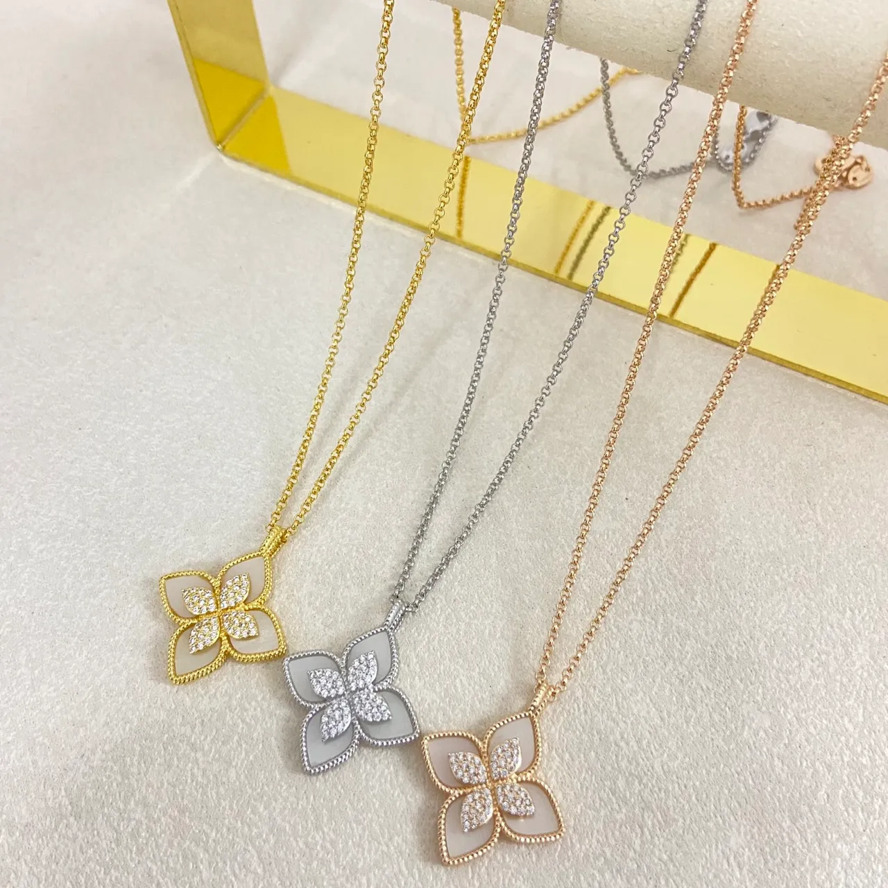 Floral Quatrefoil Enamel and Crystal Pendant Necklaces