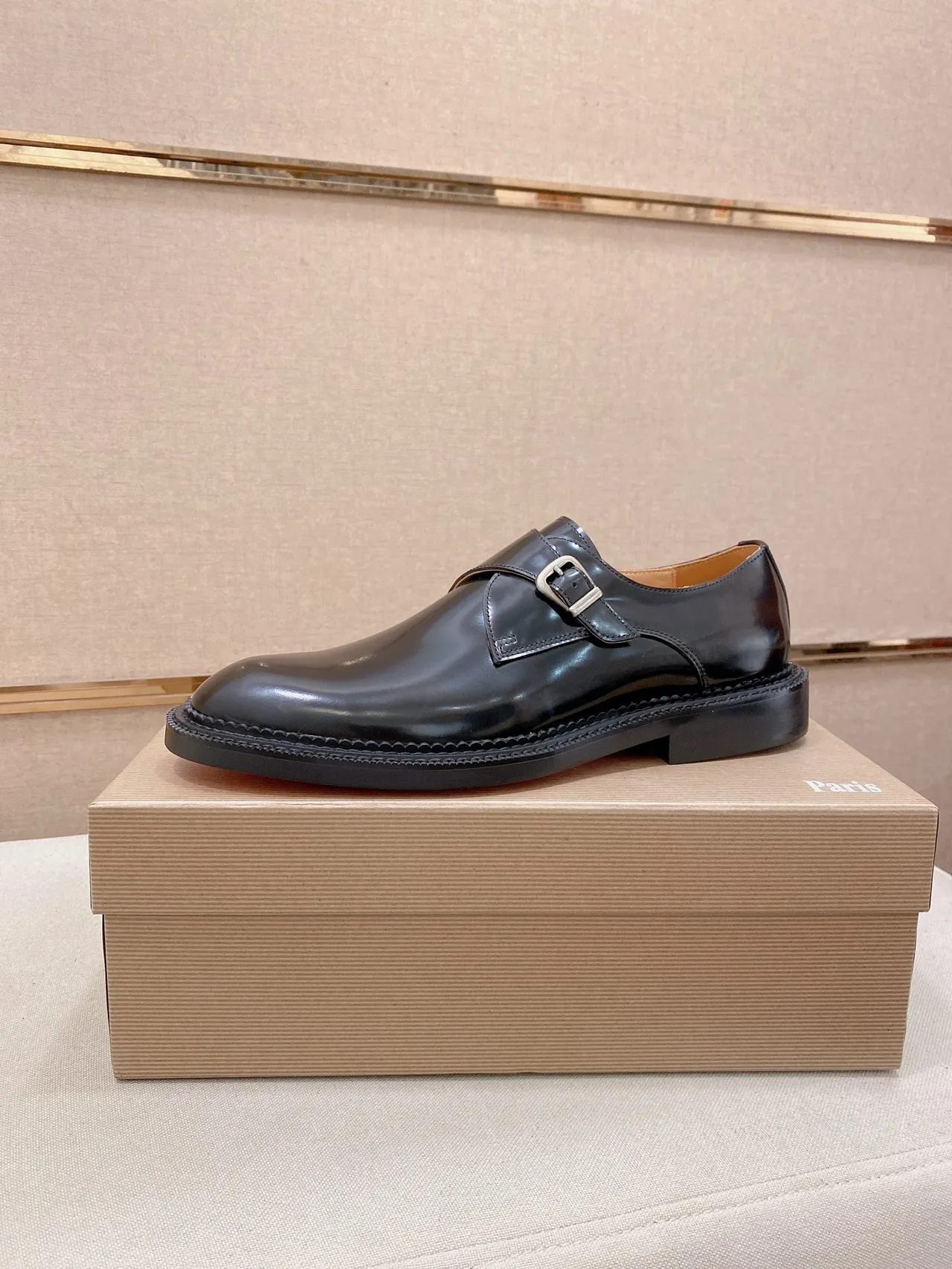 Black Beige Glossy Leather Single Strap Monk Shoes