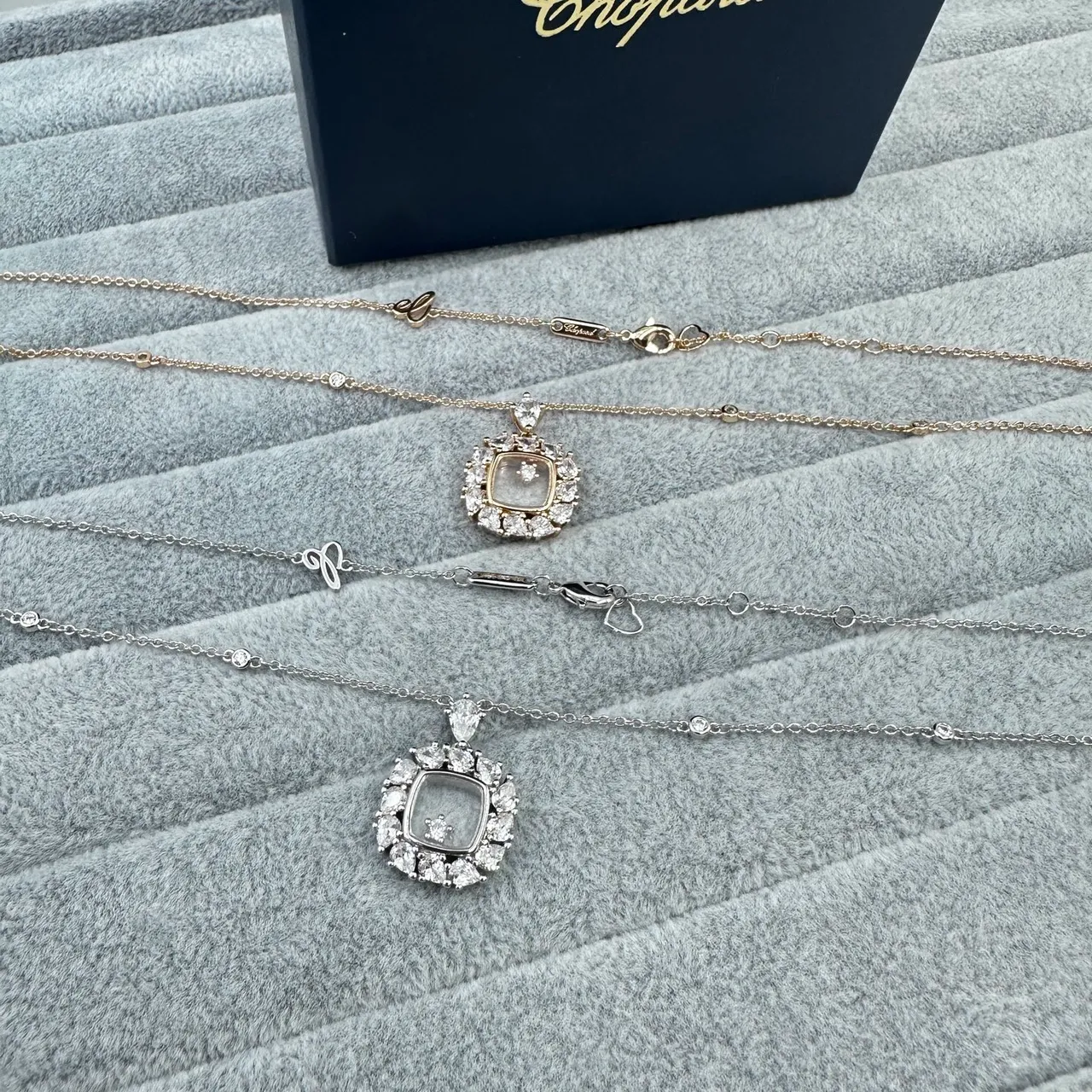 Chopard Silver Gold Square Cushion-Cut Central Stone Diamond Halo Setting Necklace