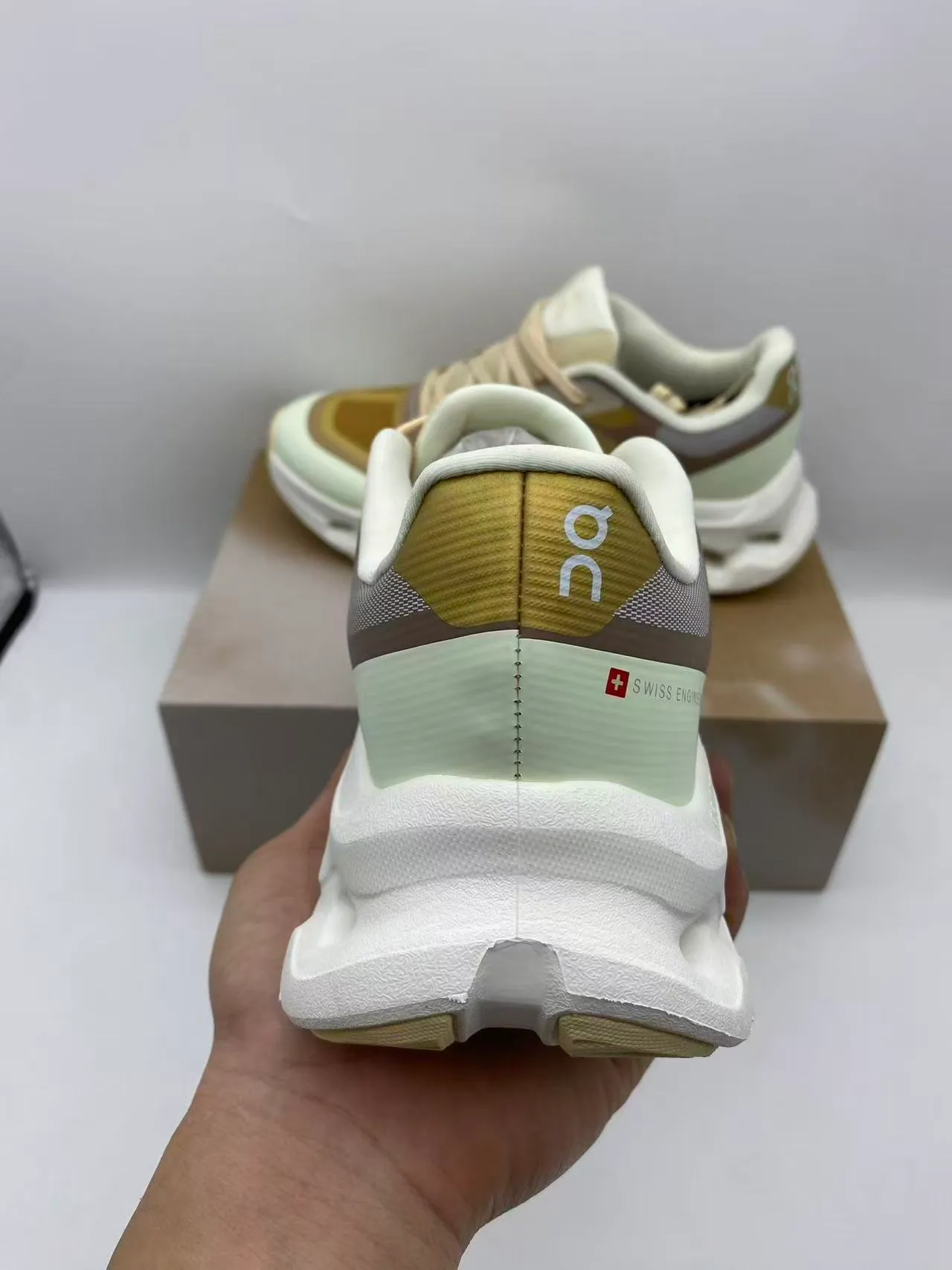 On Beige Gray Sculpted Open-Cell Midsole Mesh And Synthetic Overlay Upper Running Shoes