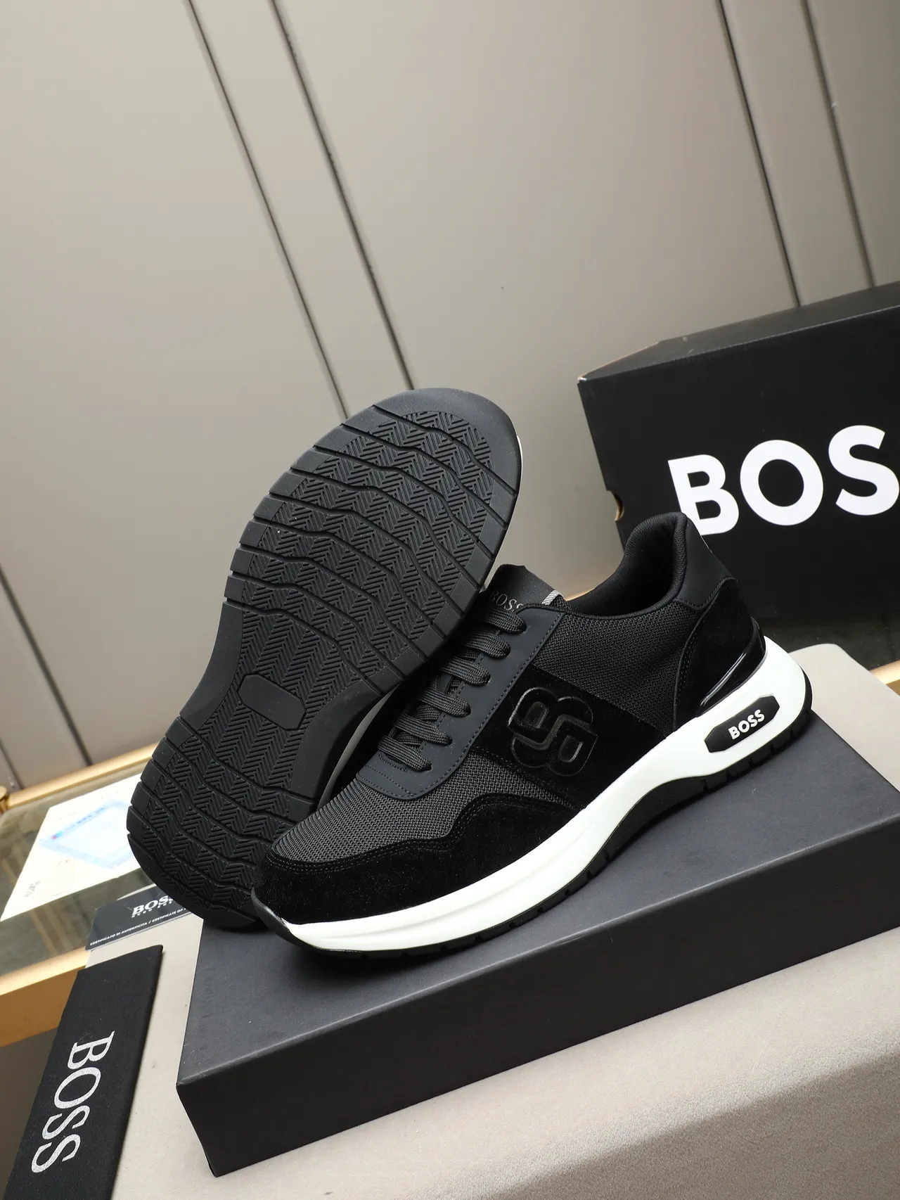 Hugo Boss Black Suede and Mesh Embossed Logo Lifestyle Sneakers