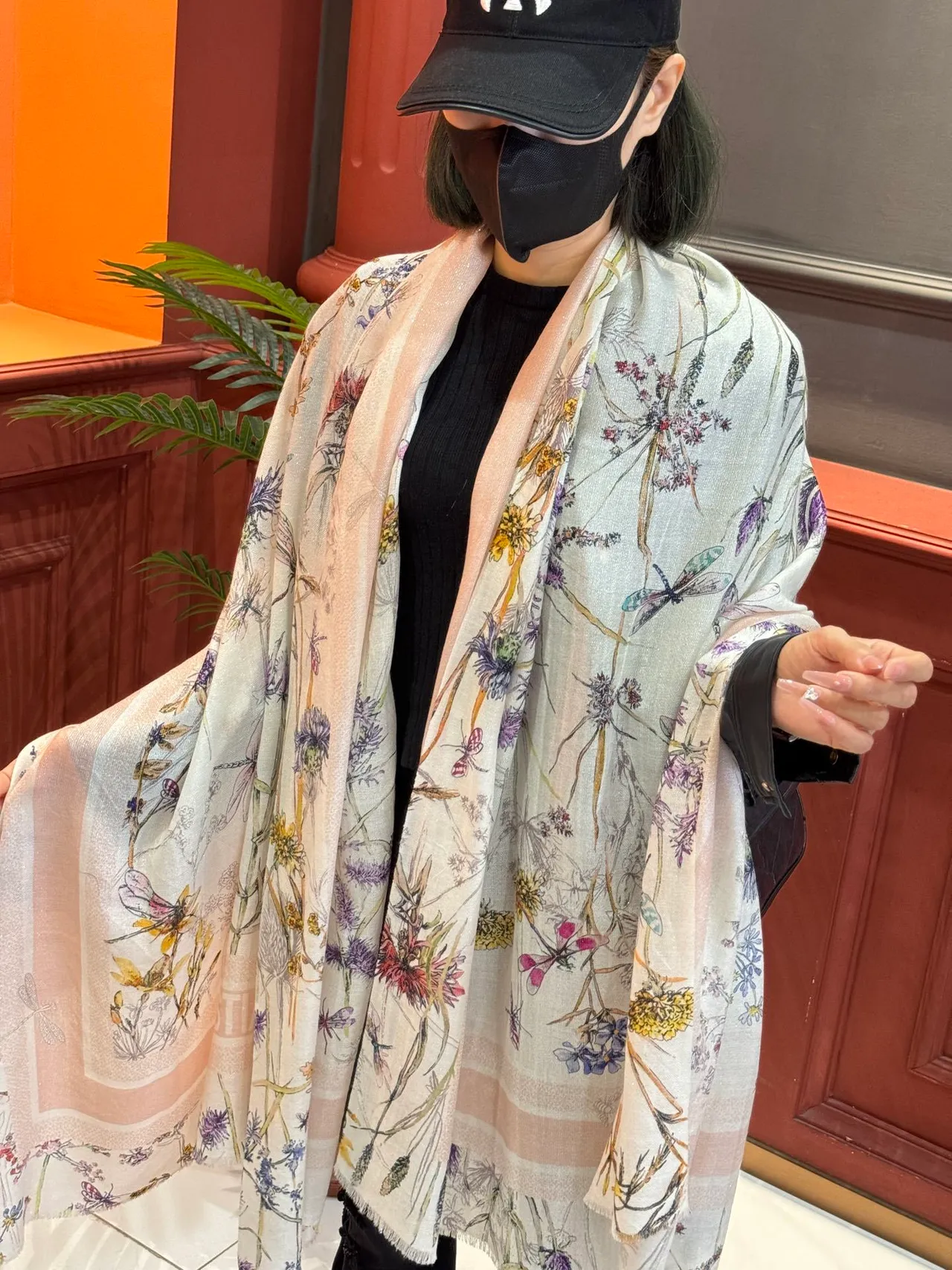Beige Multicolor Botanical Print Sheer Lightweight Silk Scarf