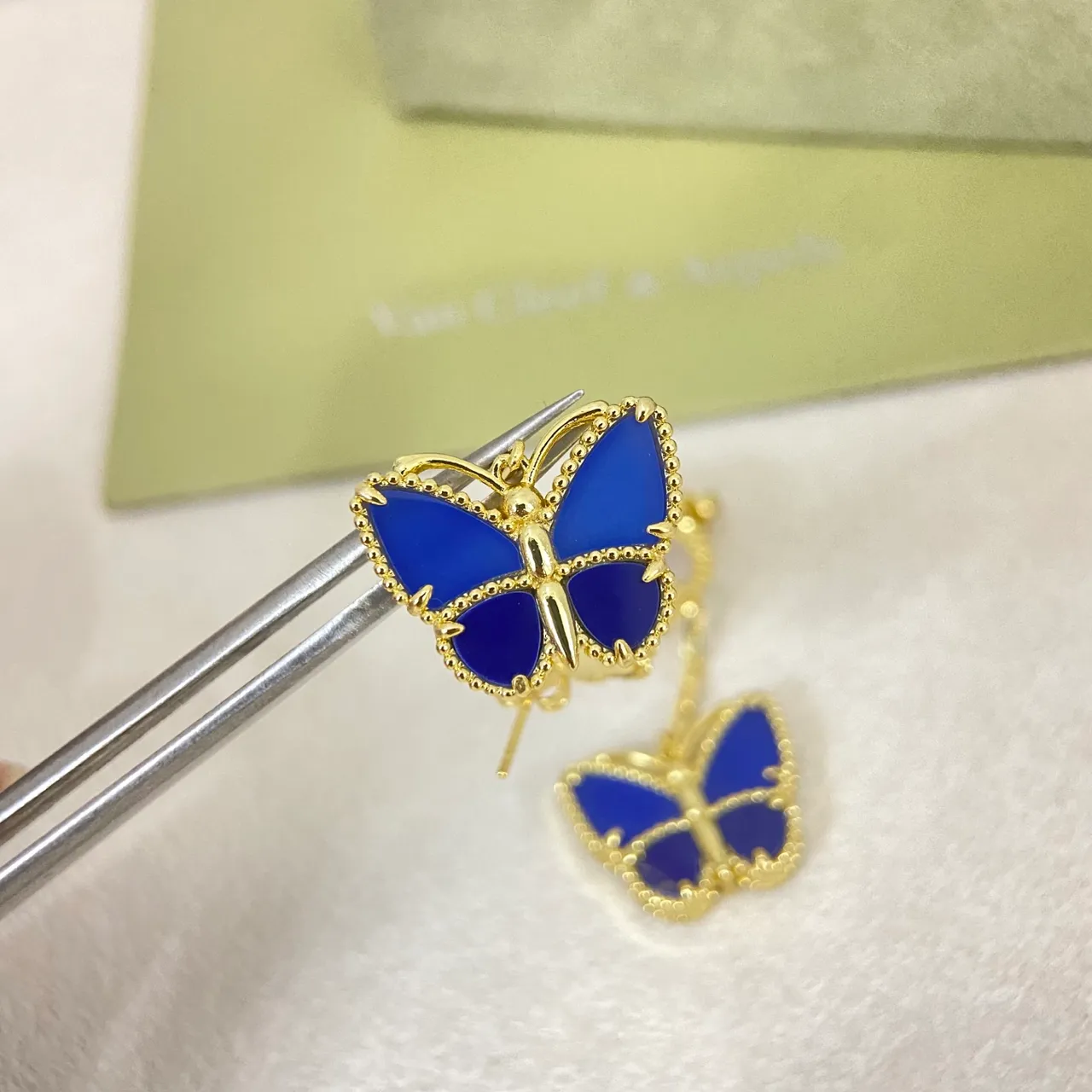 Gold Blue Beaded Edge Quatrefoil Floral Stud Earrings