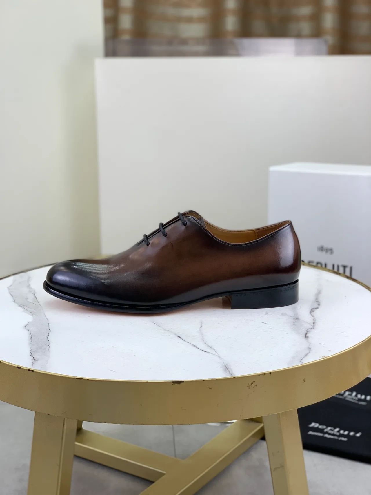 Berluti Brown Black Polished Leather Hand-Embossed Script Detailing Oxford Shoes