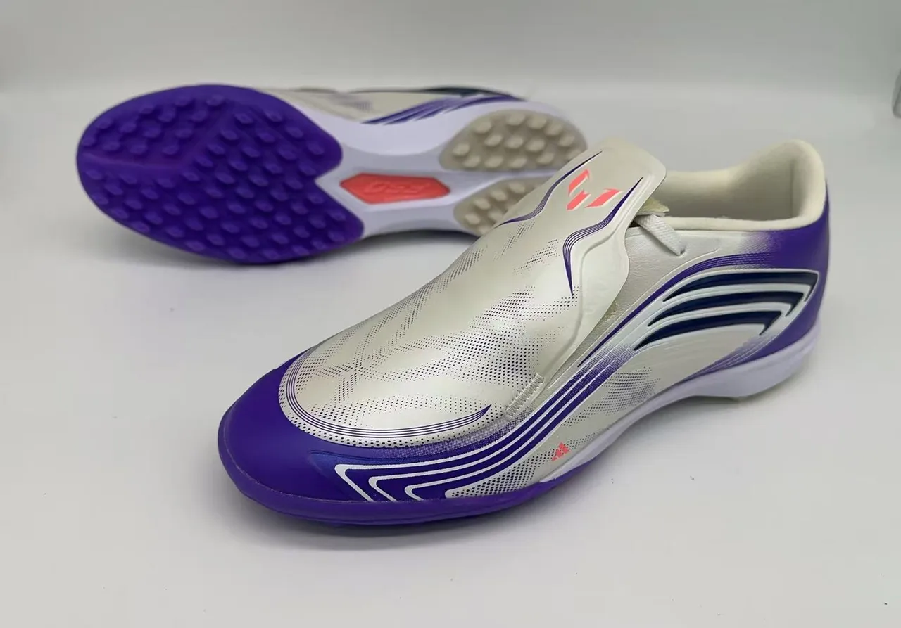 Adidas White Purple Laceless Slip-On Perforated Synthetic Upper Turf Soccer Shoes