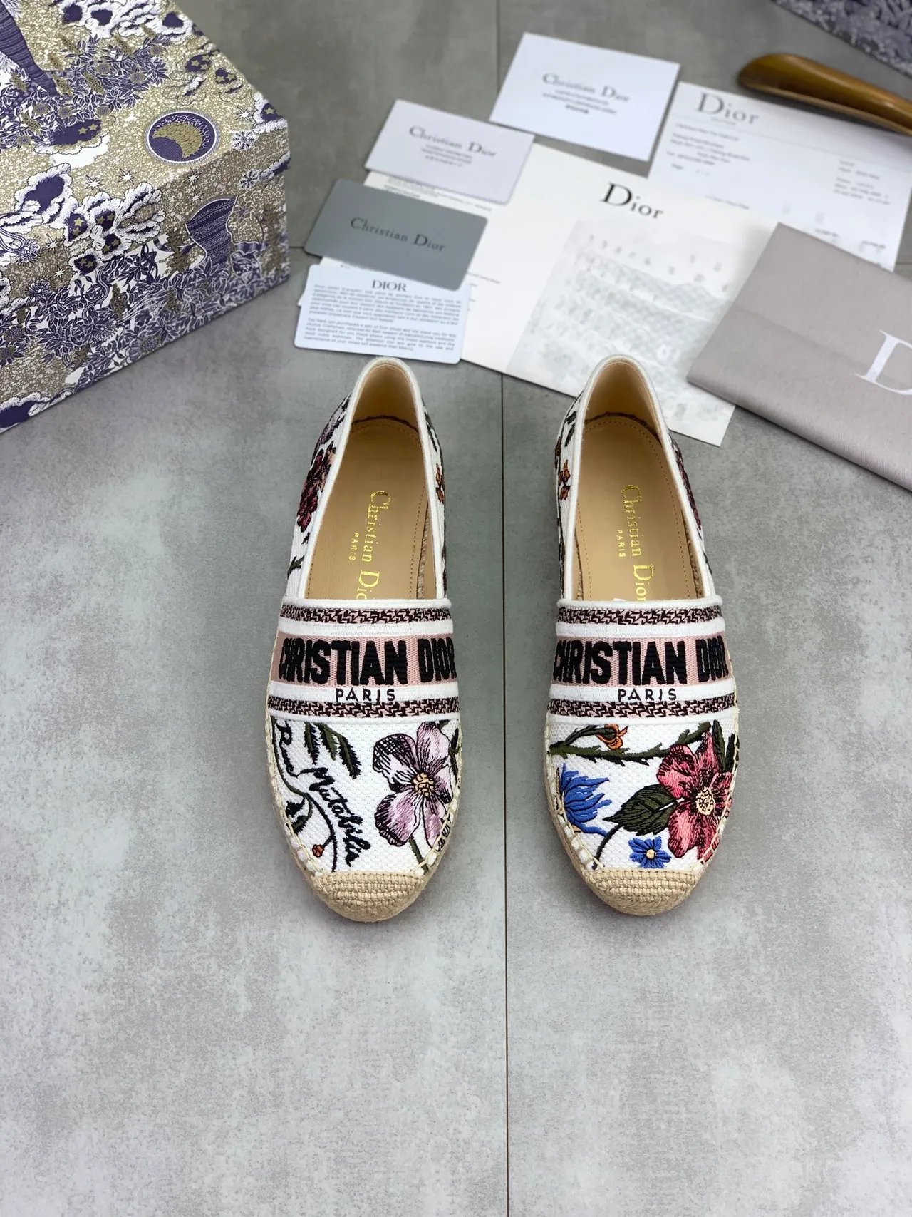 Dior Rose Matatini Esdrille White Multicolor Embroidered Floral Canvas Woven Jute Sole Boat Shoes
