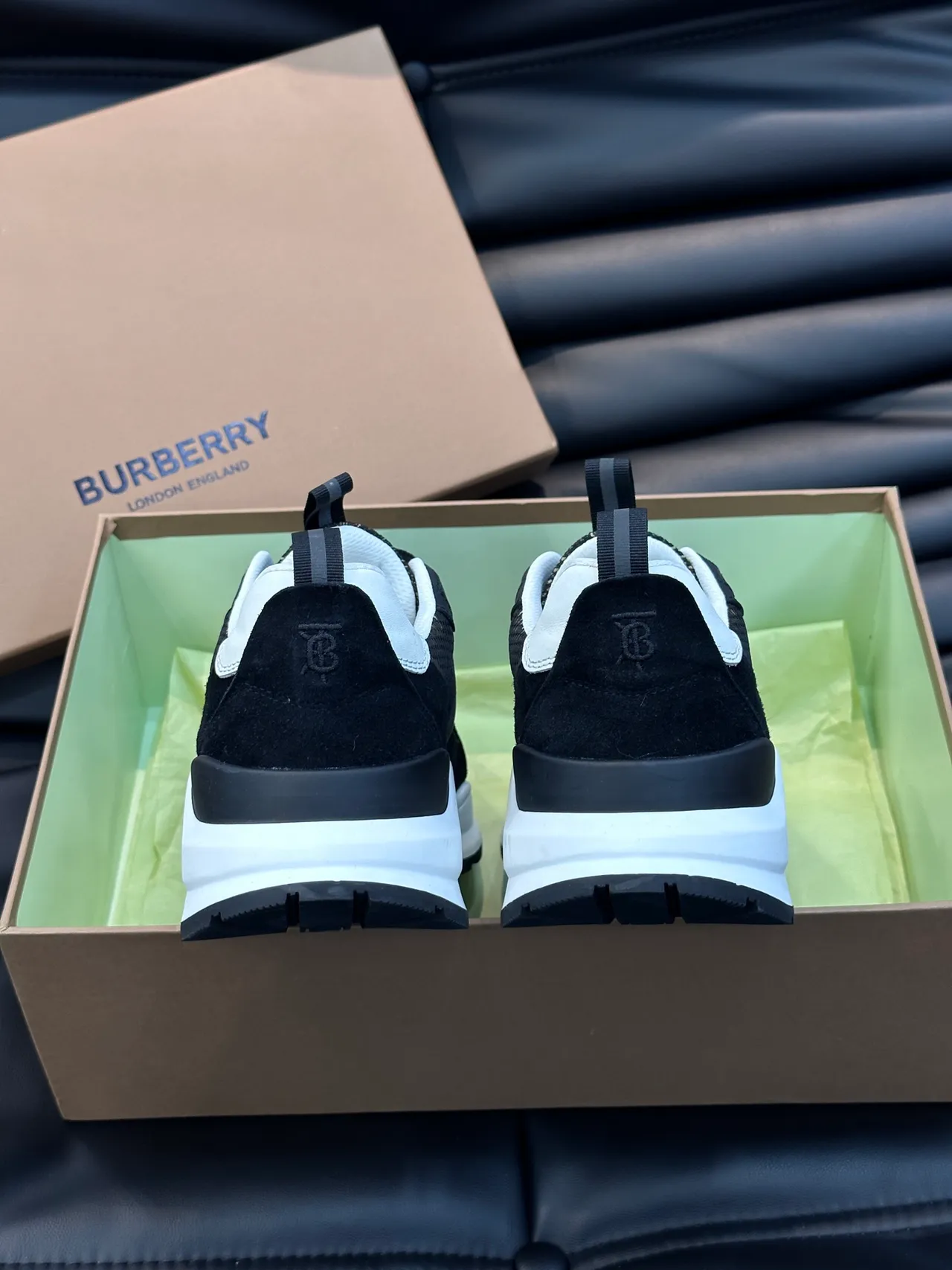 Burberry Lola Black White Layered Suede-Mesh-Plaid Upper Sculpted Midsole Chunky Sneakers