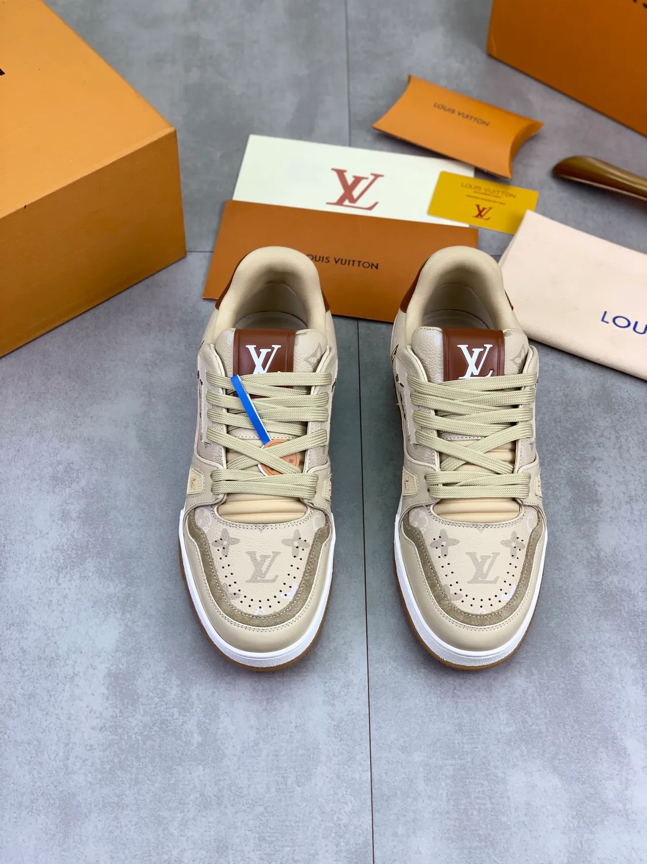 Louis Vuitton LV Trainer Beige Brown Monogram Canvas Leather Overlays Lifestyle Sneakers