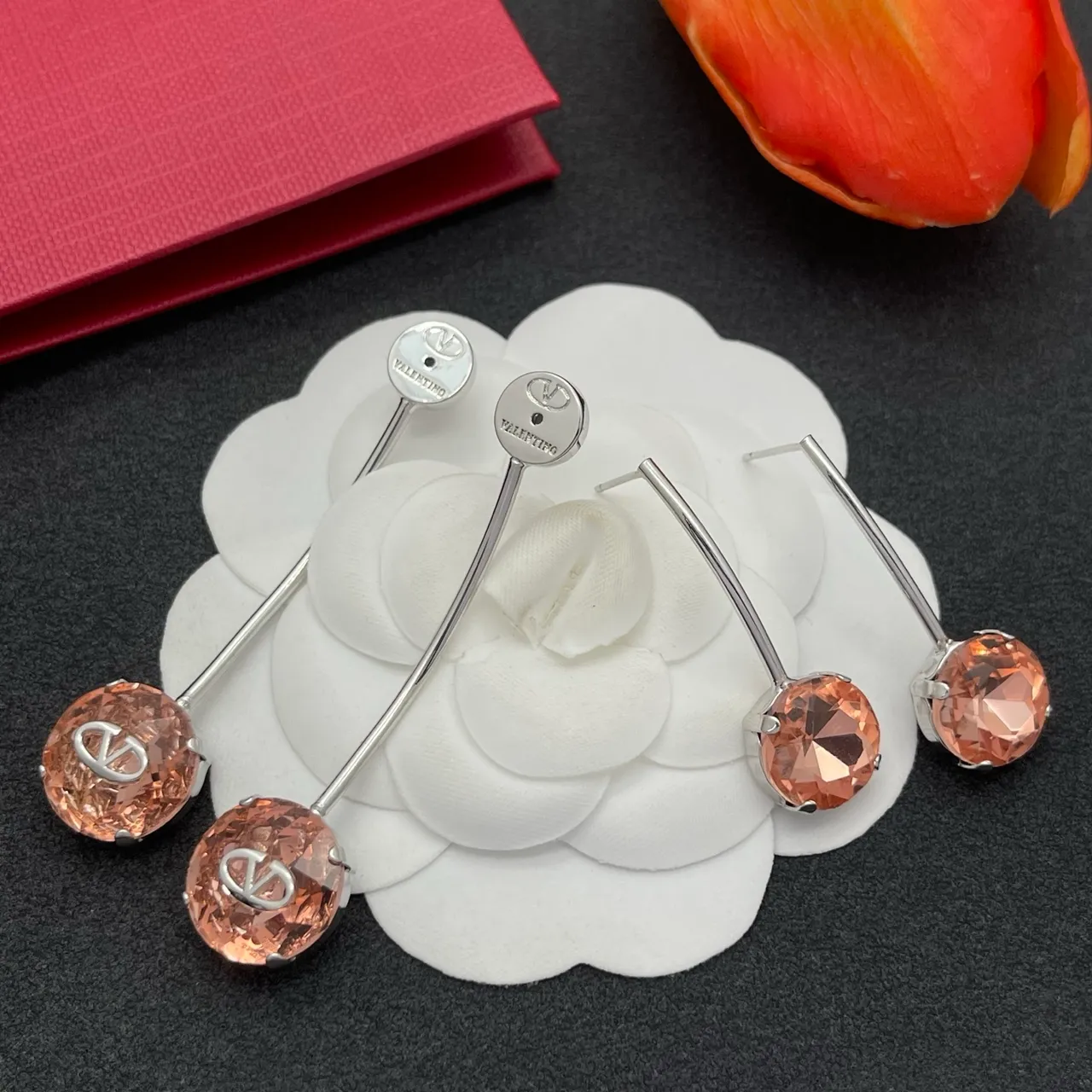Valentino VLogo Pink Silver Double-Stone Drop Faceted Crystal Earrings