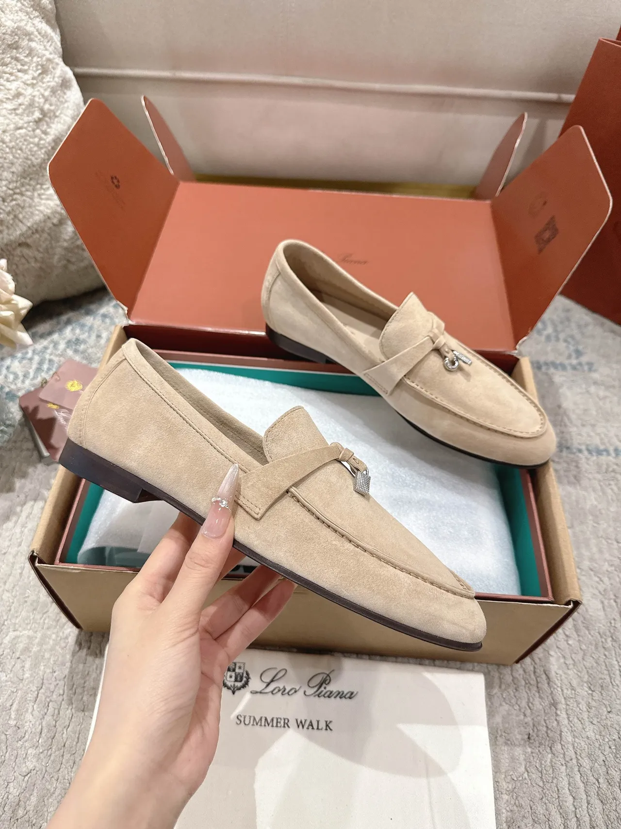 Loro Piana Summer Walk Beige Suede Tassel-Tie Loafers