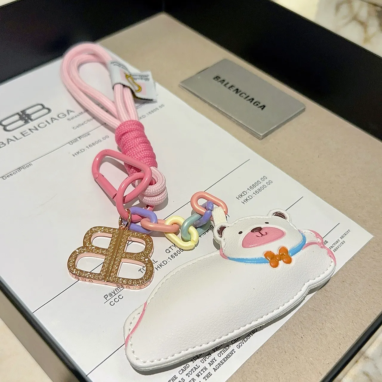 Balenciaga White Pink Leather Bear Charm Pastel Multicolor Chain Handbag
