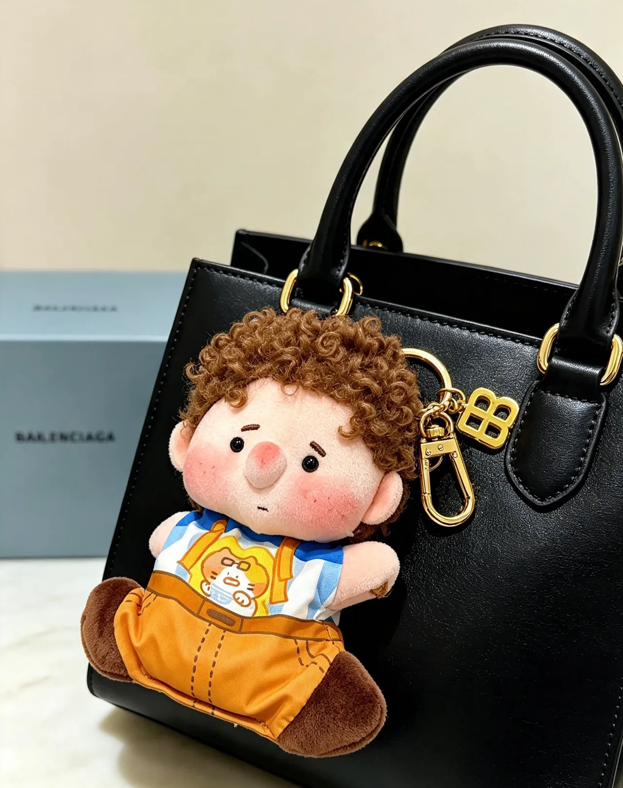 Balenciaga Brown Blue Plush Doll Keychain Accessory Handbag