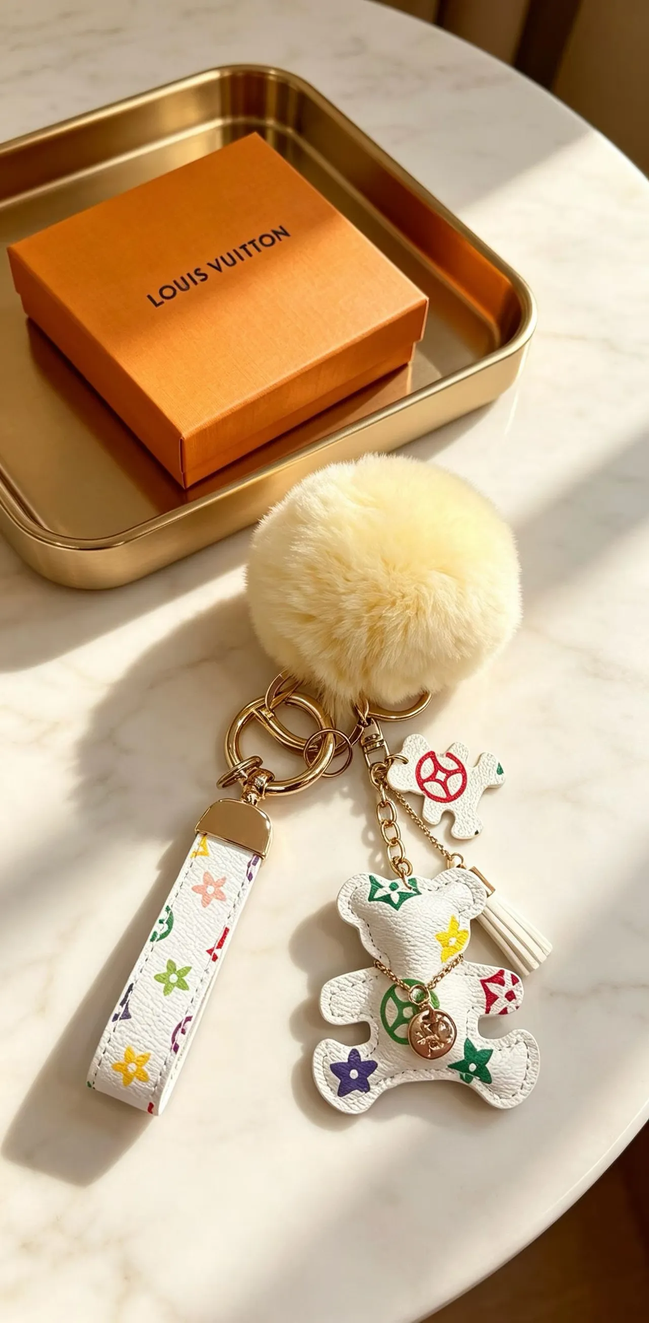 Louis Vuitton Multicolor Beige Monogram Leather Cream Faux-Fur Pom-Pom Phone Accessory