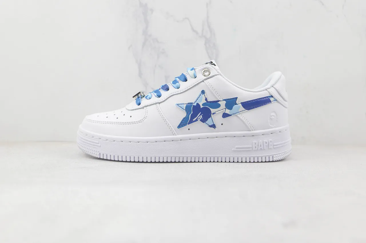 A Bathing Ape White Blue Leather Upper Camo Star Logo Lifestyle Sneakers