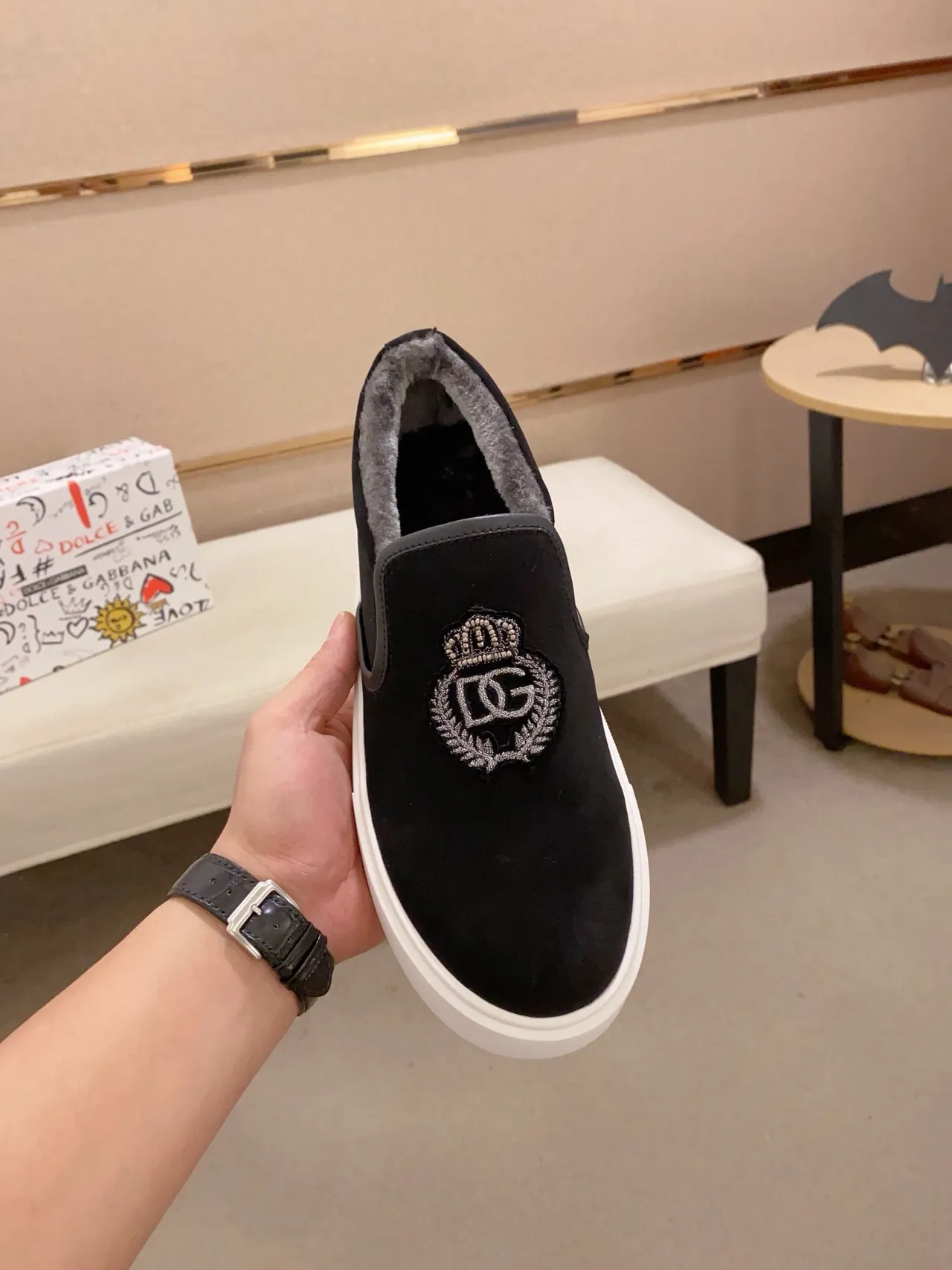 Dolce & Gabbana Portofino Black White Slip-On Suede Upper Lifestyle Sneakers