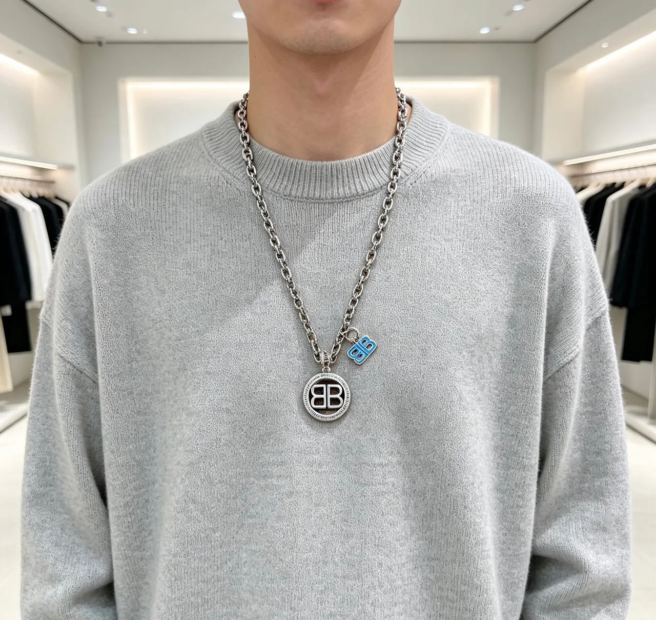 Balenciaga BB Necklace Silver Blue Chunky Curb Chain Double-B Logo Pendant Necklace